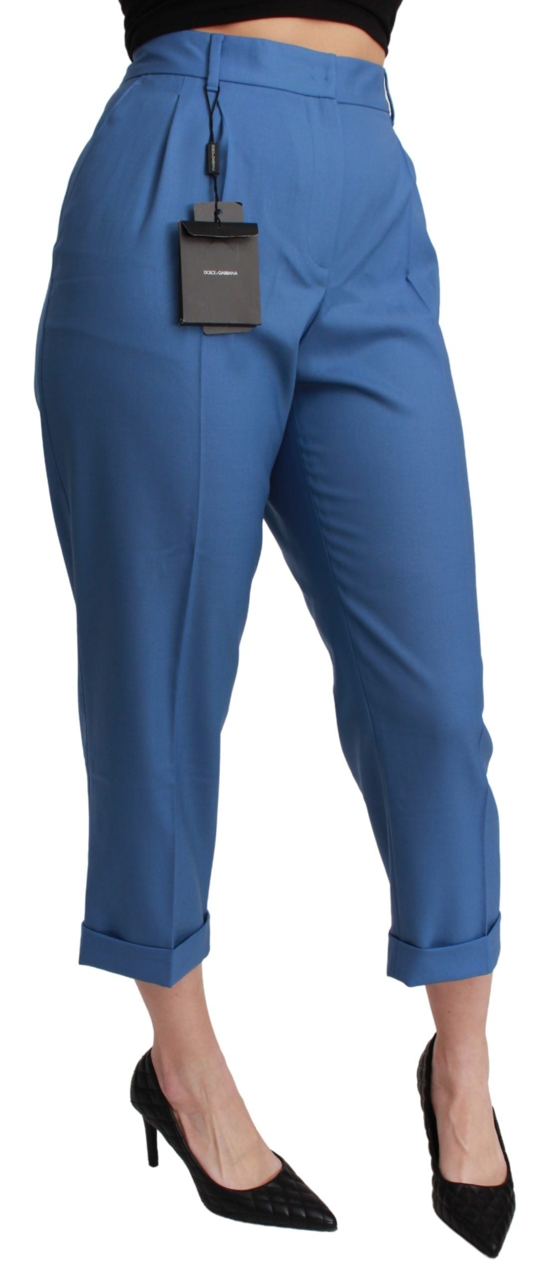 Dolce & Gabbana Blaue Faltenhose aus Wolle mit Bündchen und verkürzter Hose