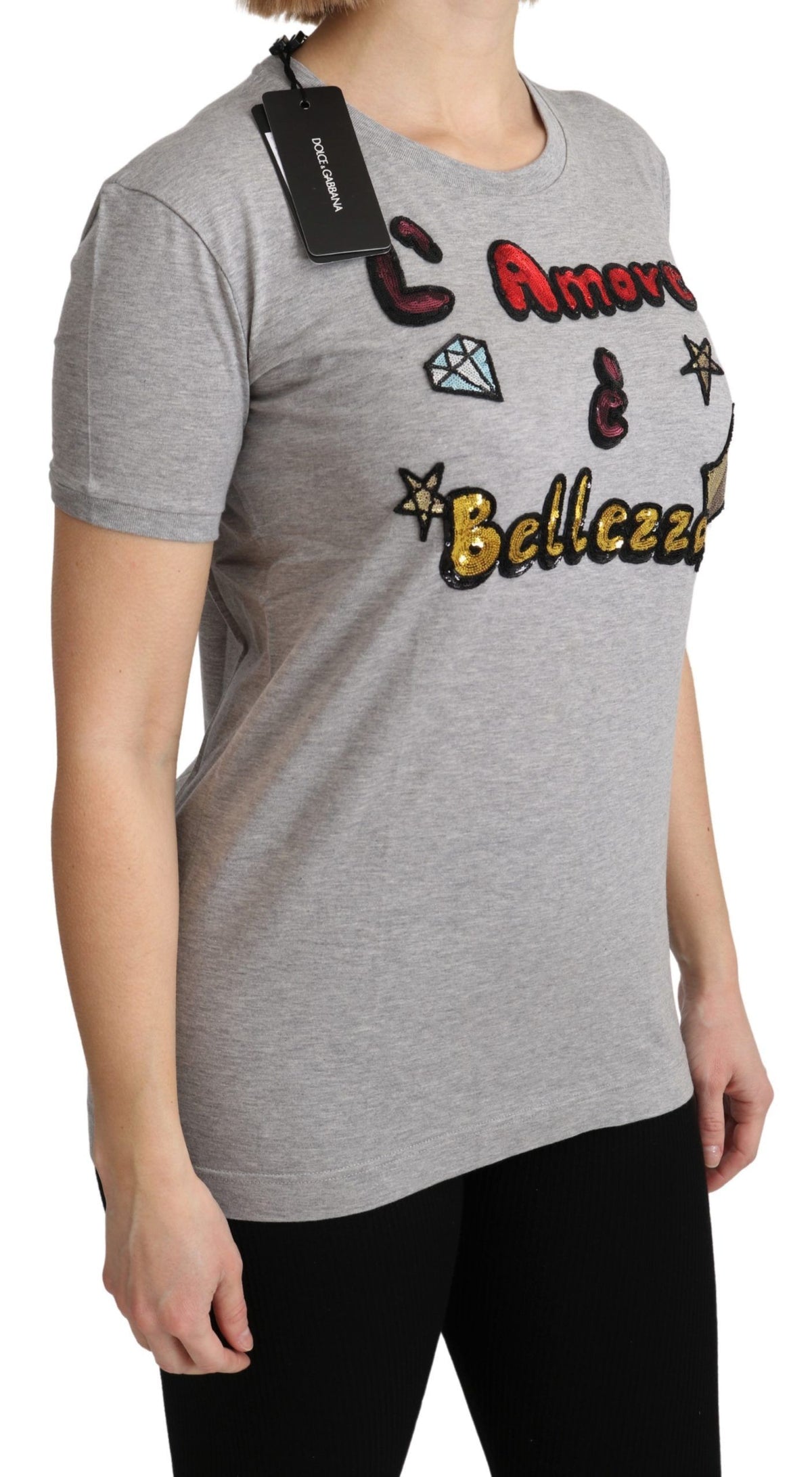 Dolce & Gabbana Graues Baumwoll-T-Shirt Amore e Bellezza