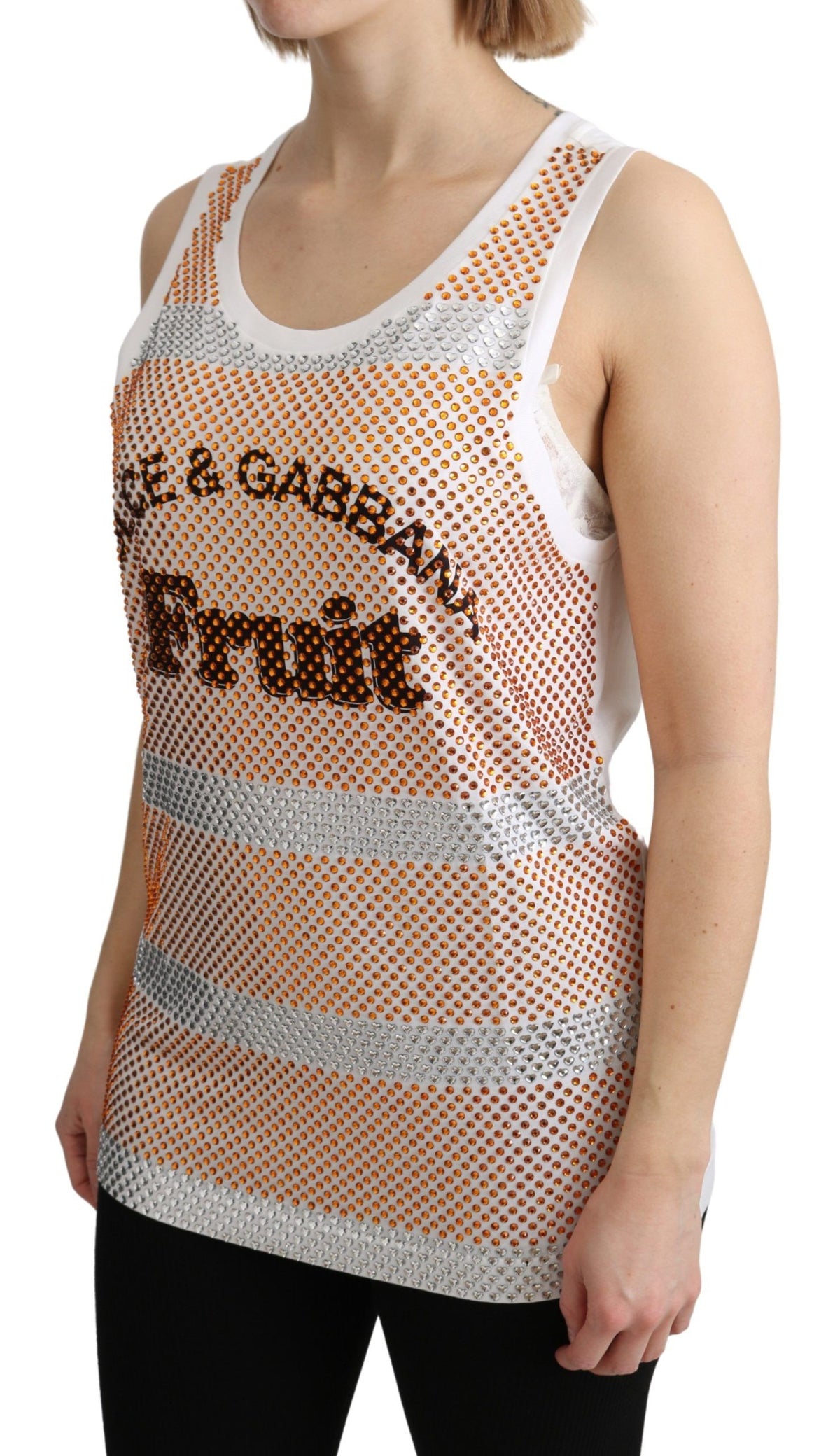 Dolce & Gabbana Weiß Orange Kristall Ärmelloses Tank Top Baumwolle