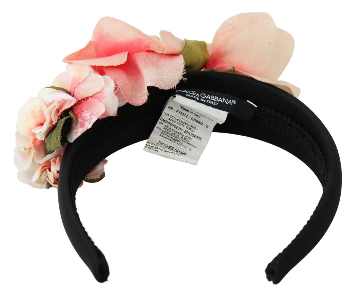 Dolce & Gabbana Rosa Seide Schwarz Floral Stirnband Logo Diadem