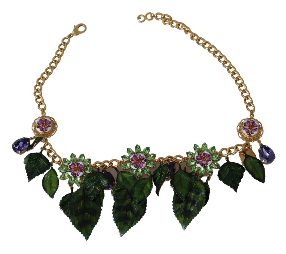 Dolce & Gabbana Grüne Blätter Gold Messing Kristall Blume Anhänger Halskette