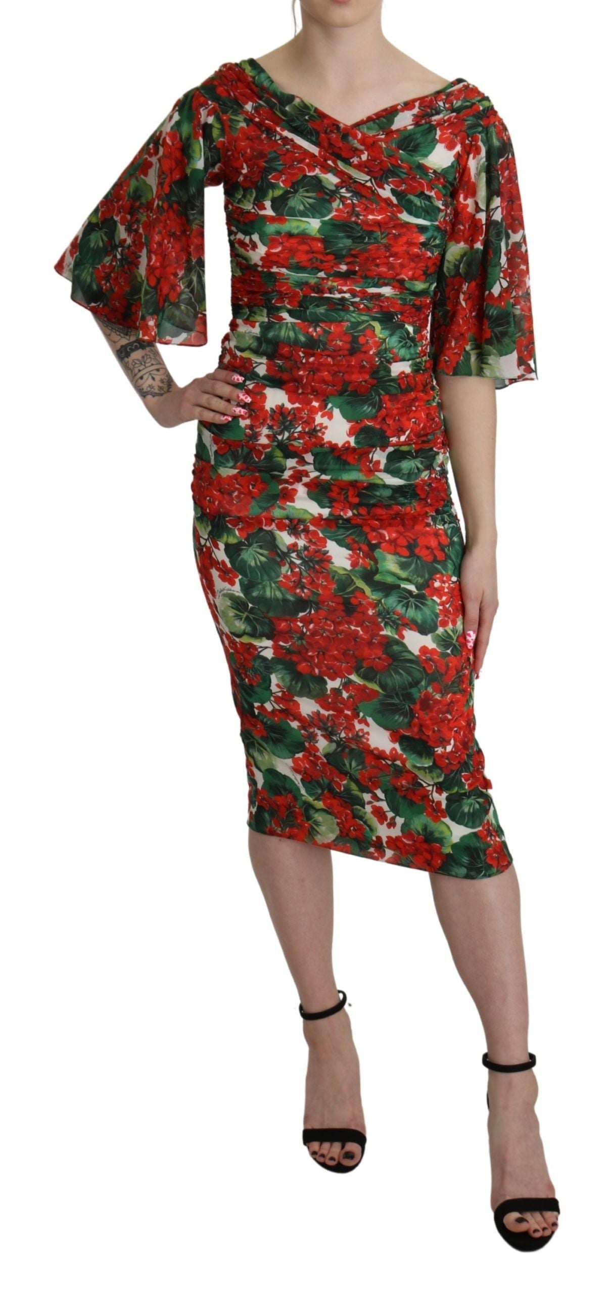 Dolce & Gabbana Rotes geblümtes Midi-Stretchkleid aus Seide