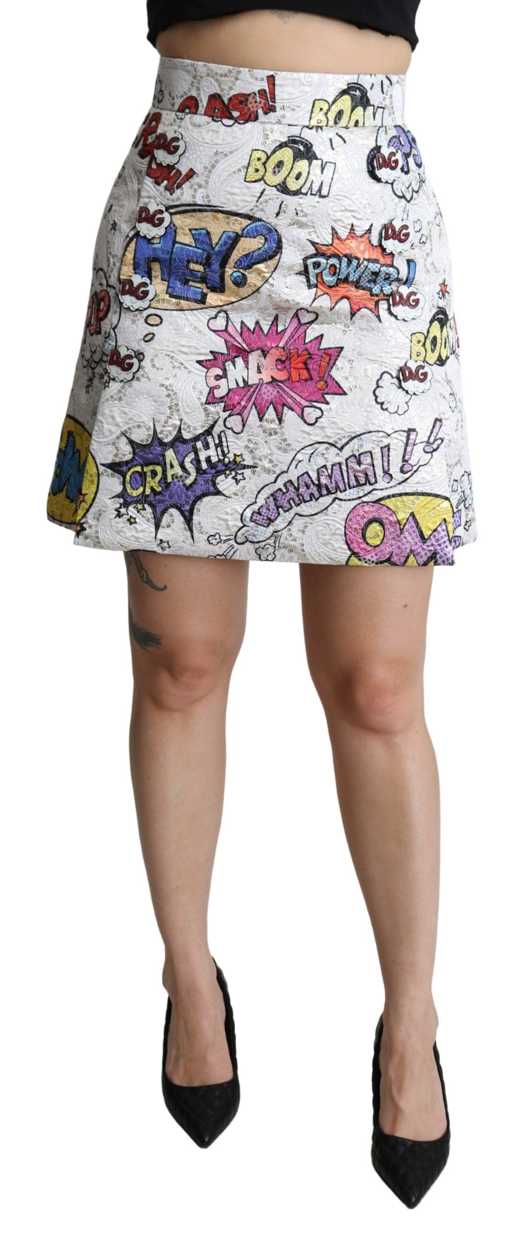 Dolce & Gabbana Weißer Cartoon-Brokatrock in A-Linie mit hoher Taille