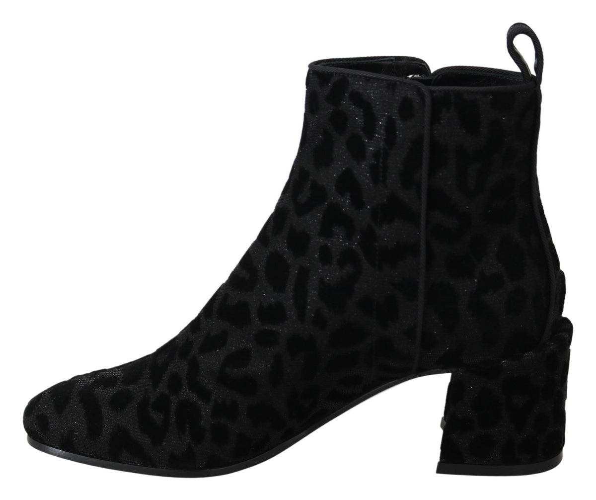 Dolce & Gabbana Schwarzer Leopard Kurze Stiefel Schuhe mit Reißverschluss