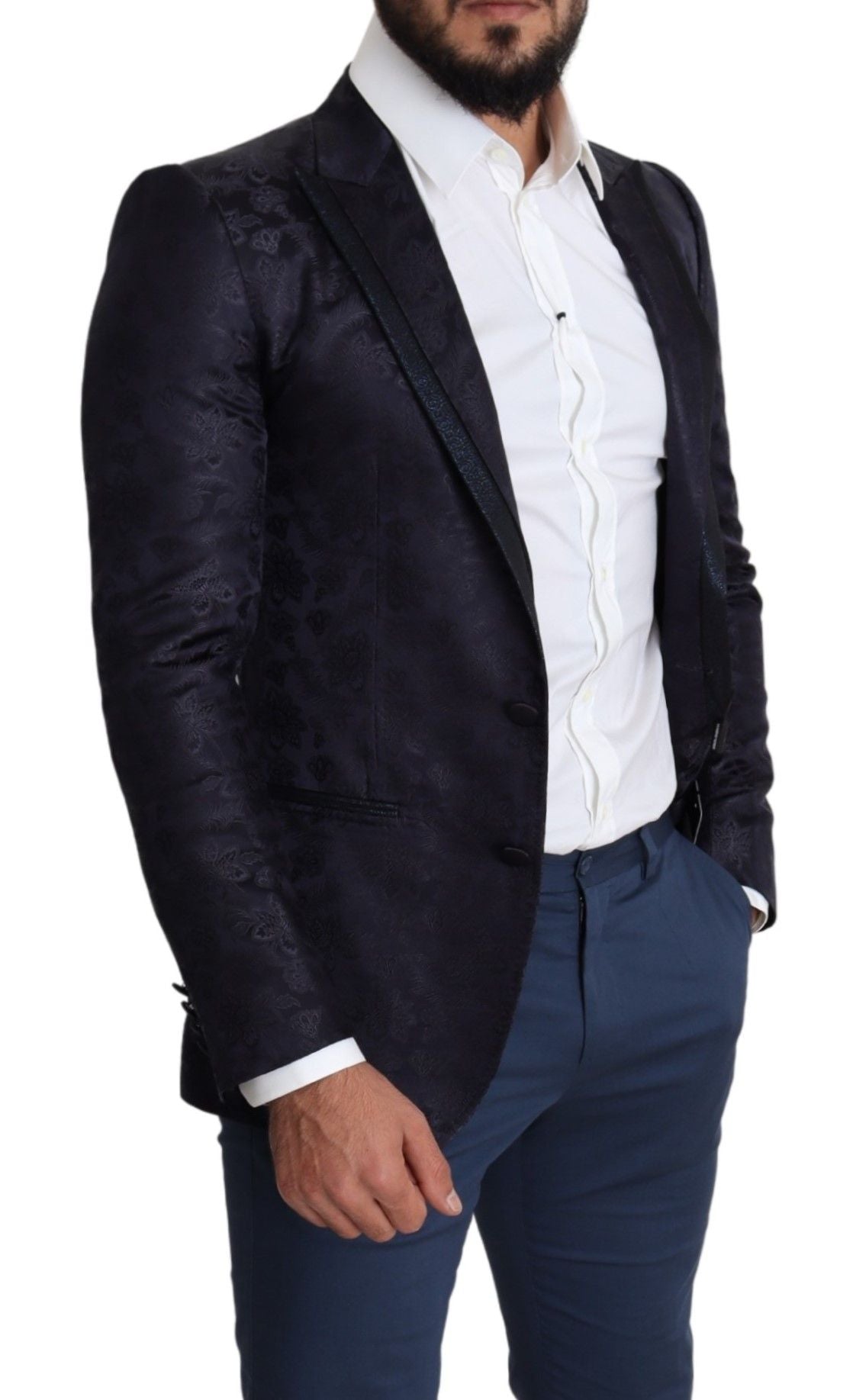 Dolce & Gabbana Blauer Jacquard-Mantel aus Seide mit Blumenmuster MARTINI Blazer