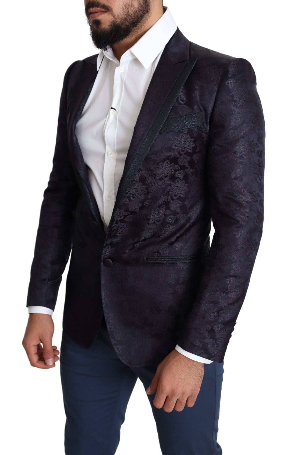 Dolce & Gabbana Blauer Jacquard-Mantel aus Seide mit Blumenmuster MARTINI Blazer