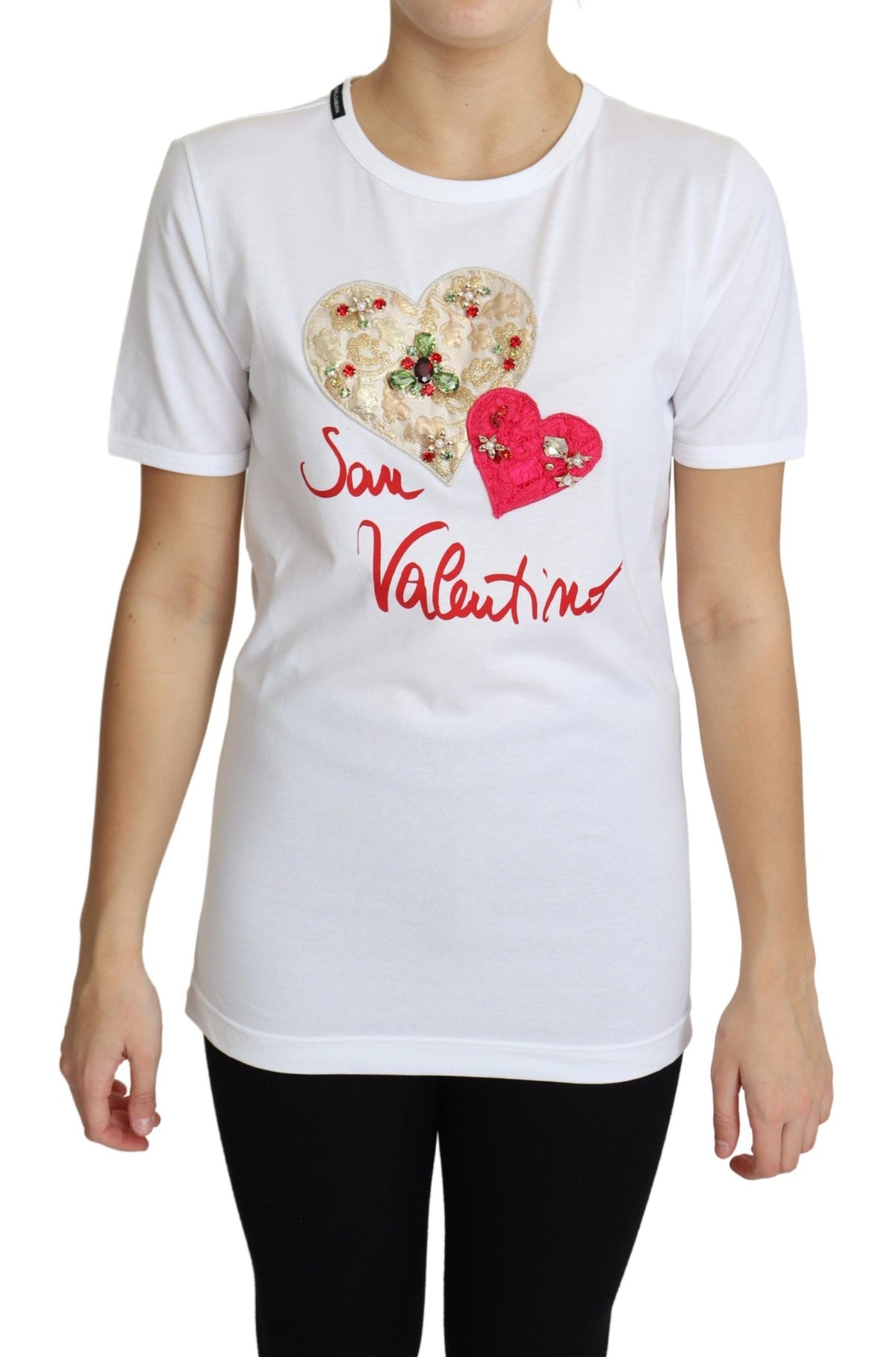 Dolce & Gabbana Weißes San Valentino Herz Kristalle T-shirt Top