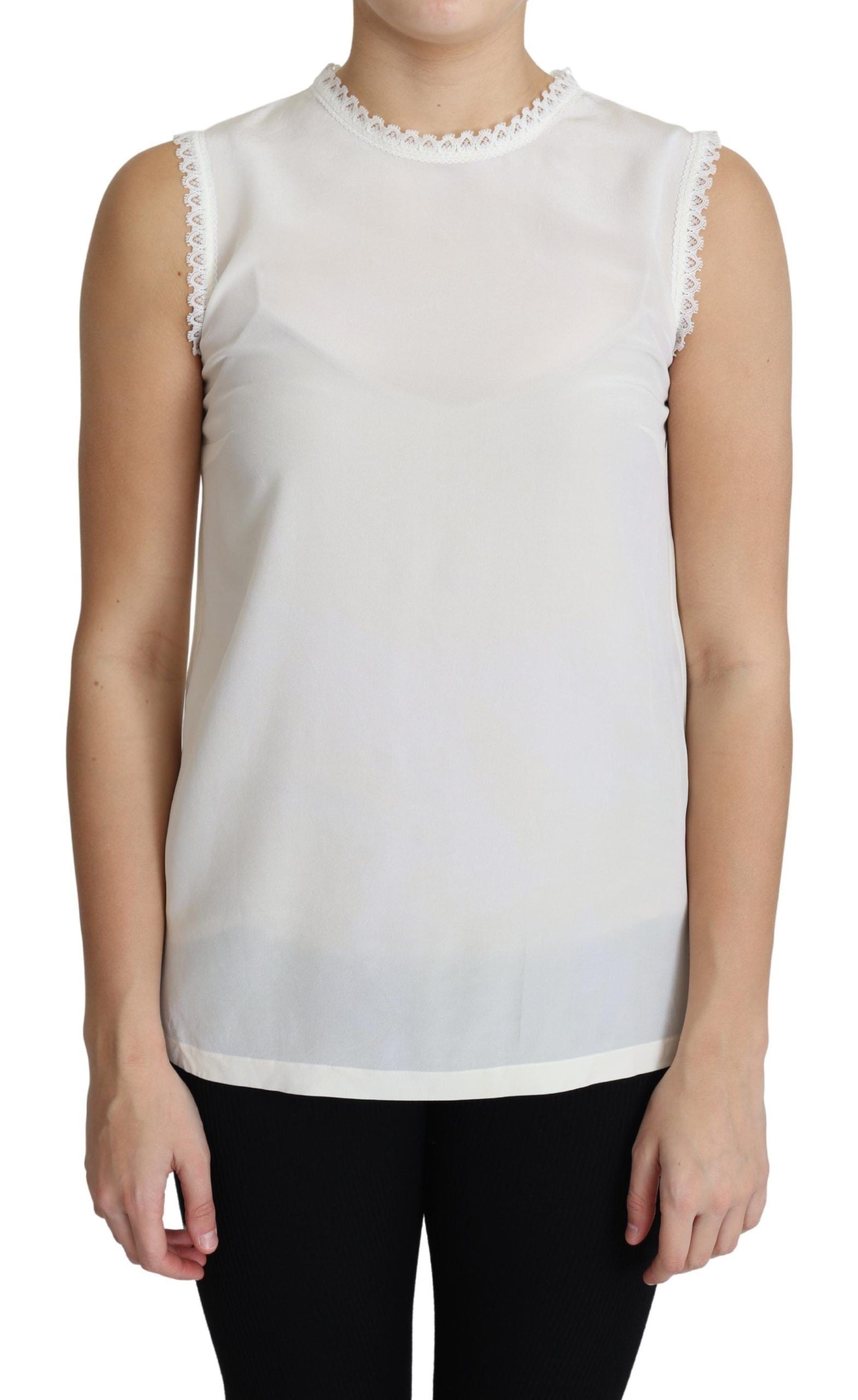 Dolce & Gabbana Weiße Seidenbluse mit Spitzenbesatz und ärmellosem Oberteil