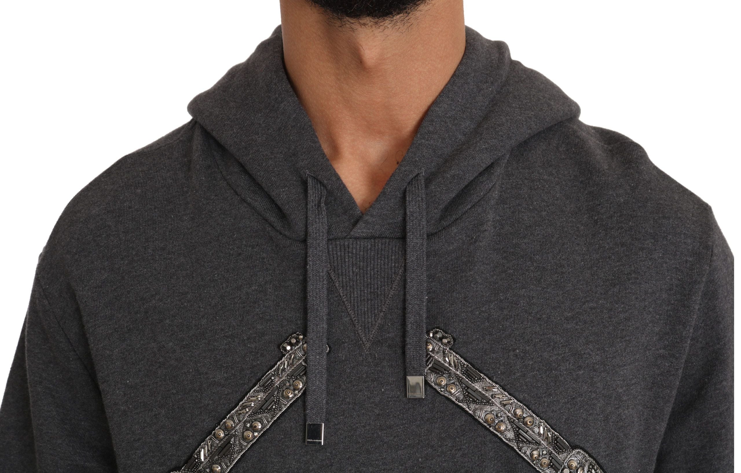 Dolce & Gabbana Grauer Pullover mit Kapuze und rotem Kristallherz Gun