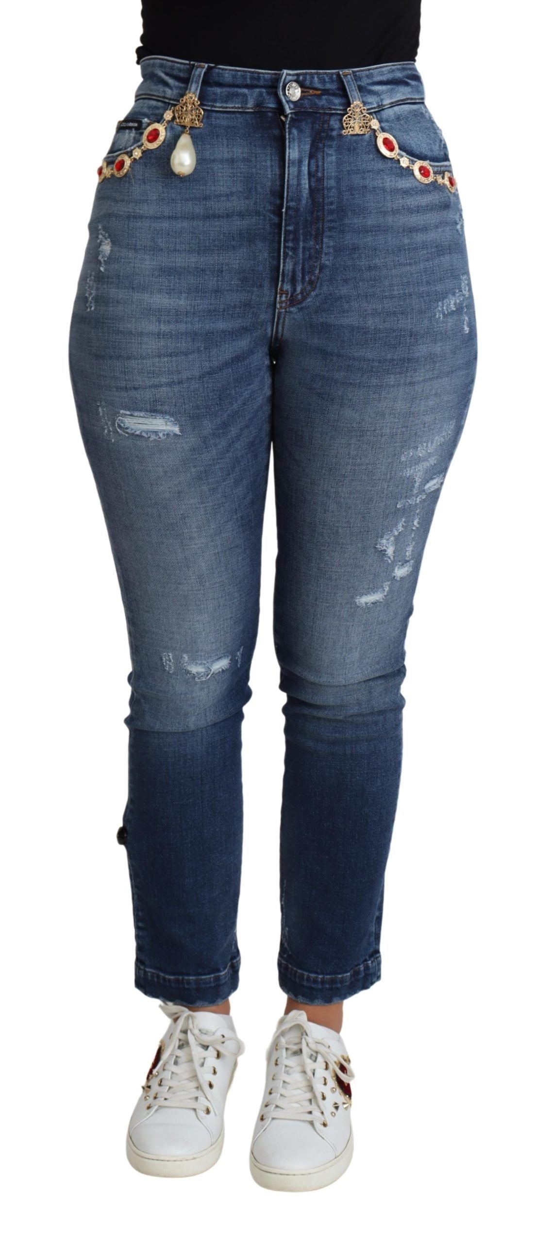 Dolce & Gabbana Blaue verschönerte Skinny Hose Baumwolljeans