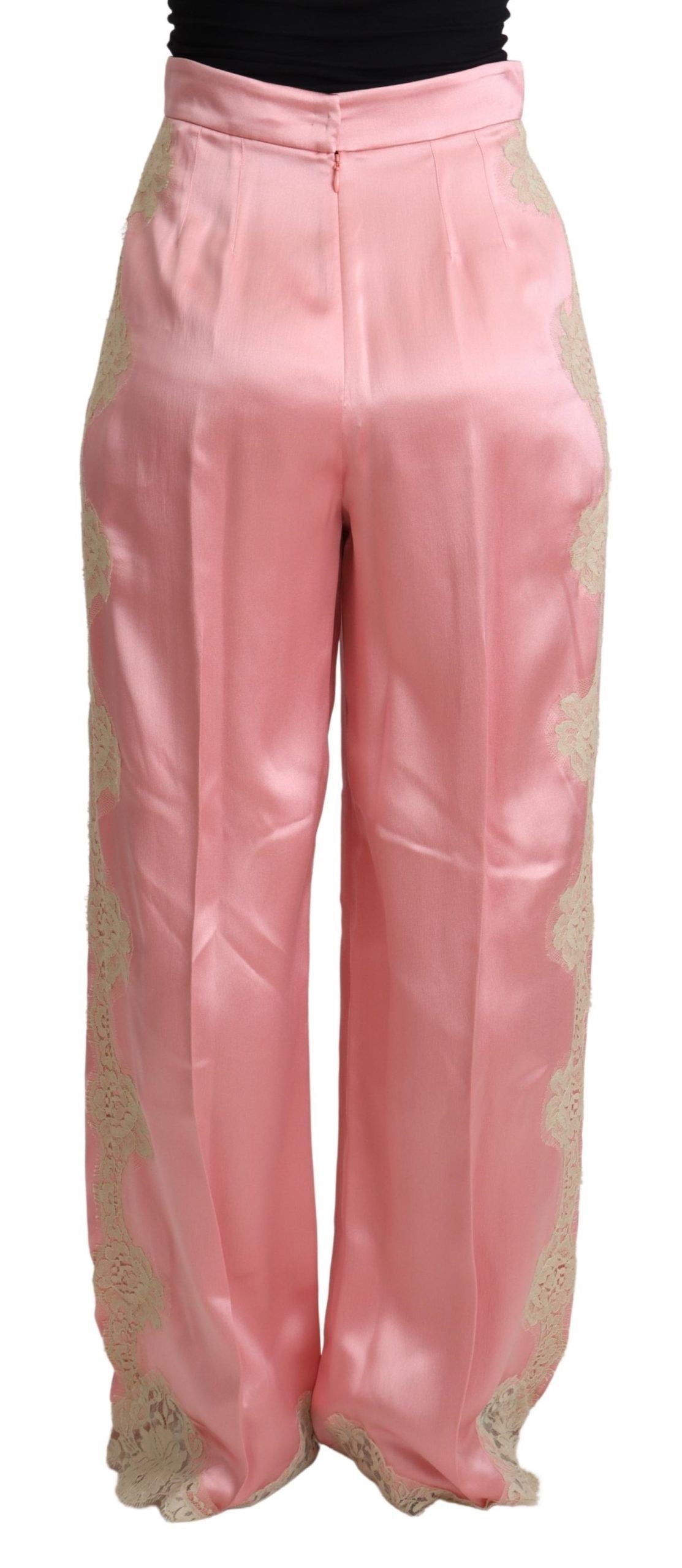 Dolce & Gabbana Rosa Hose mit Spitzenbesatz aus Seidensatin und weiten Beinen
