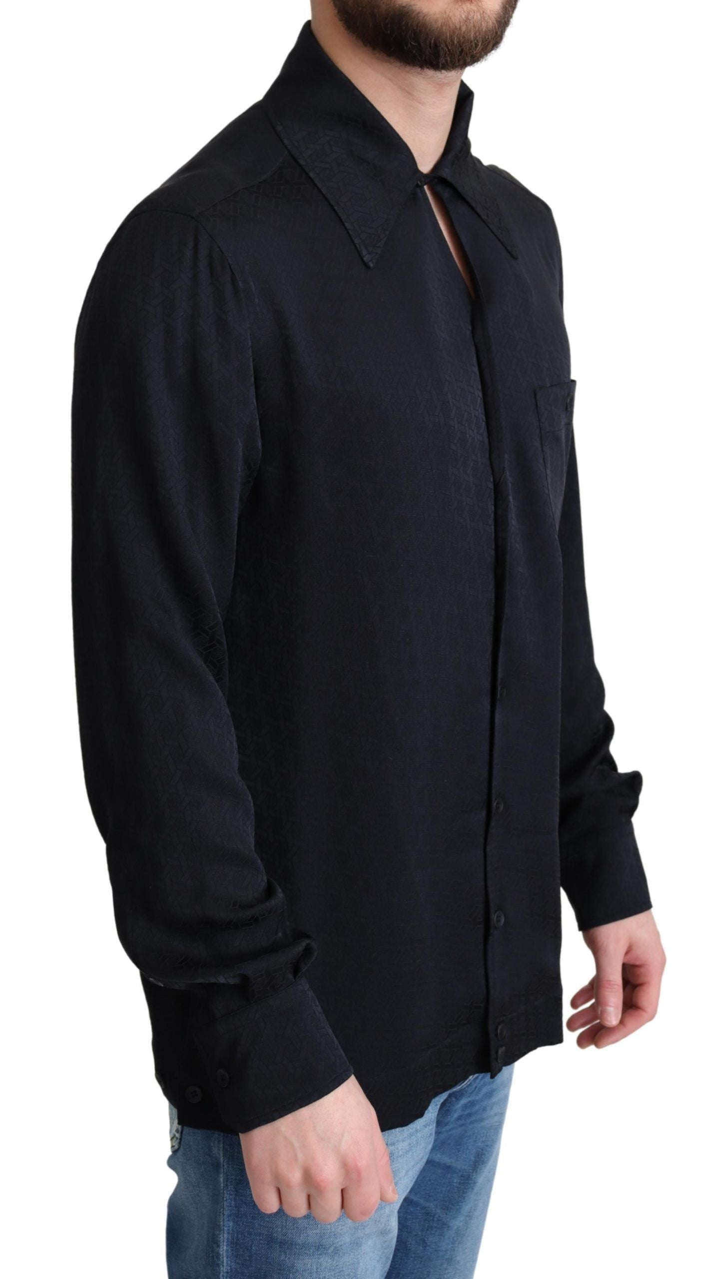 Dolce & Gabbana Schwarzes Jacquard Seidenhemd Casual Button Down