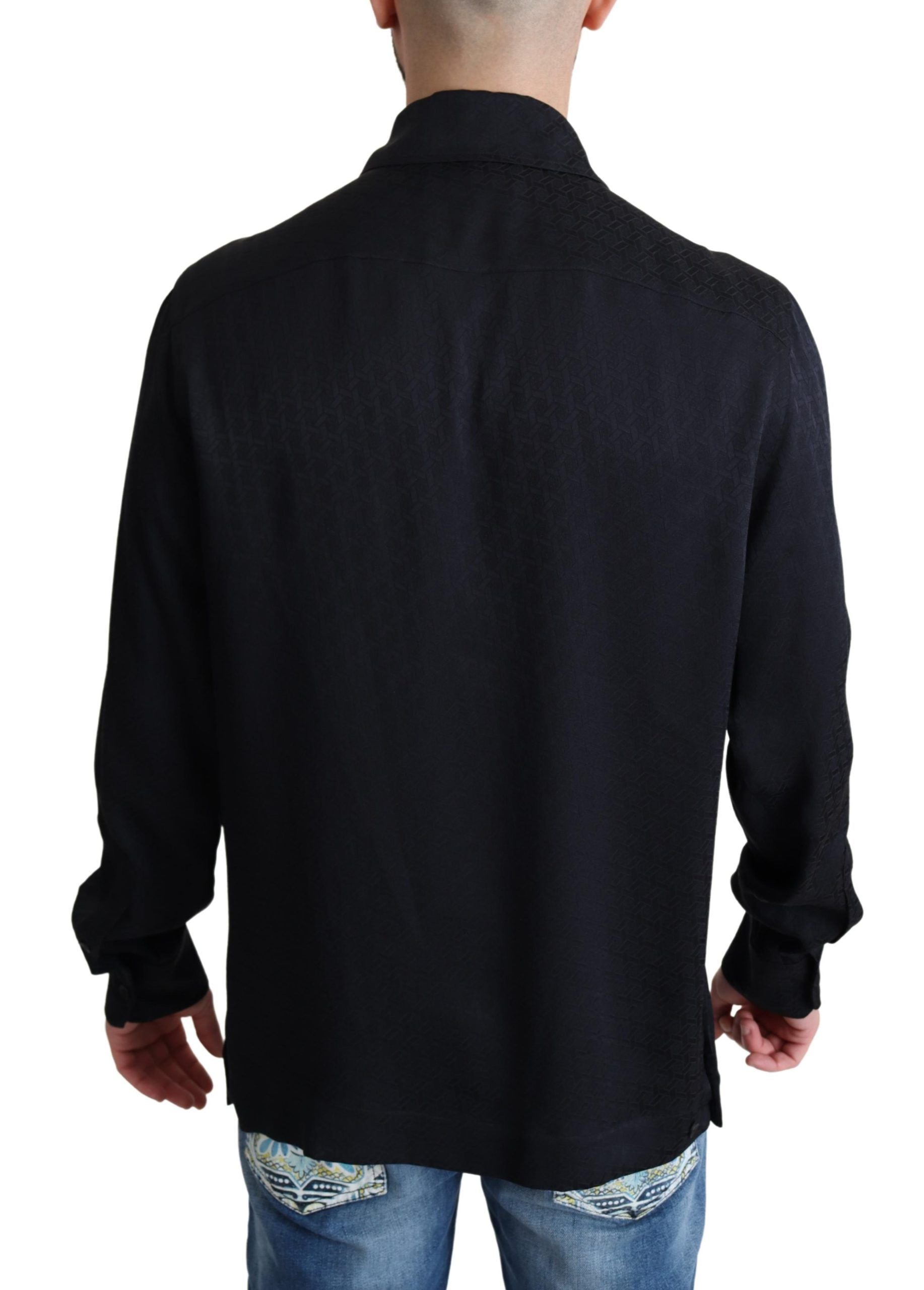Dolce & Gabbana Schwarzes Jacquard Seidenhemd Casual Button Down