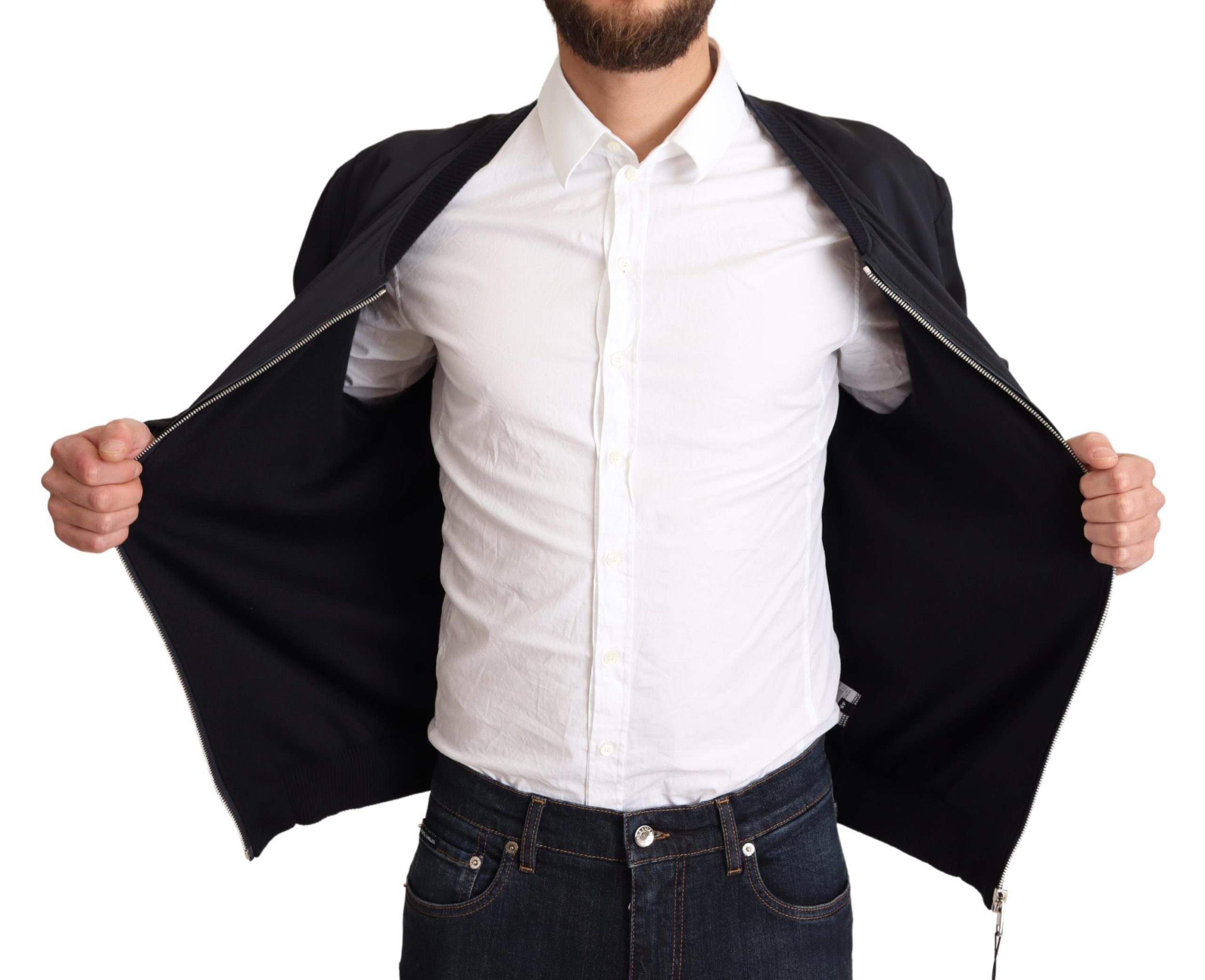 Dolce & Gabbana Blauer Seidenmantel Kurzer Bomber Männer Jacke