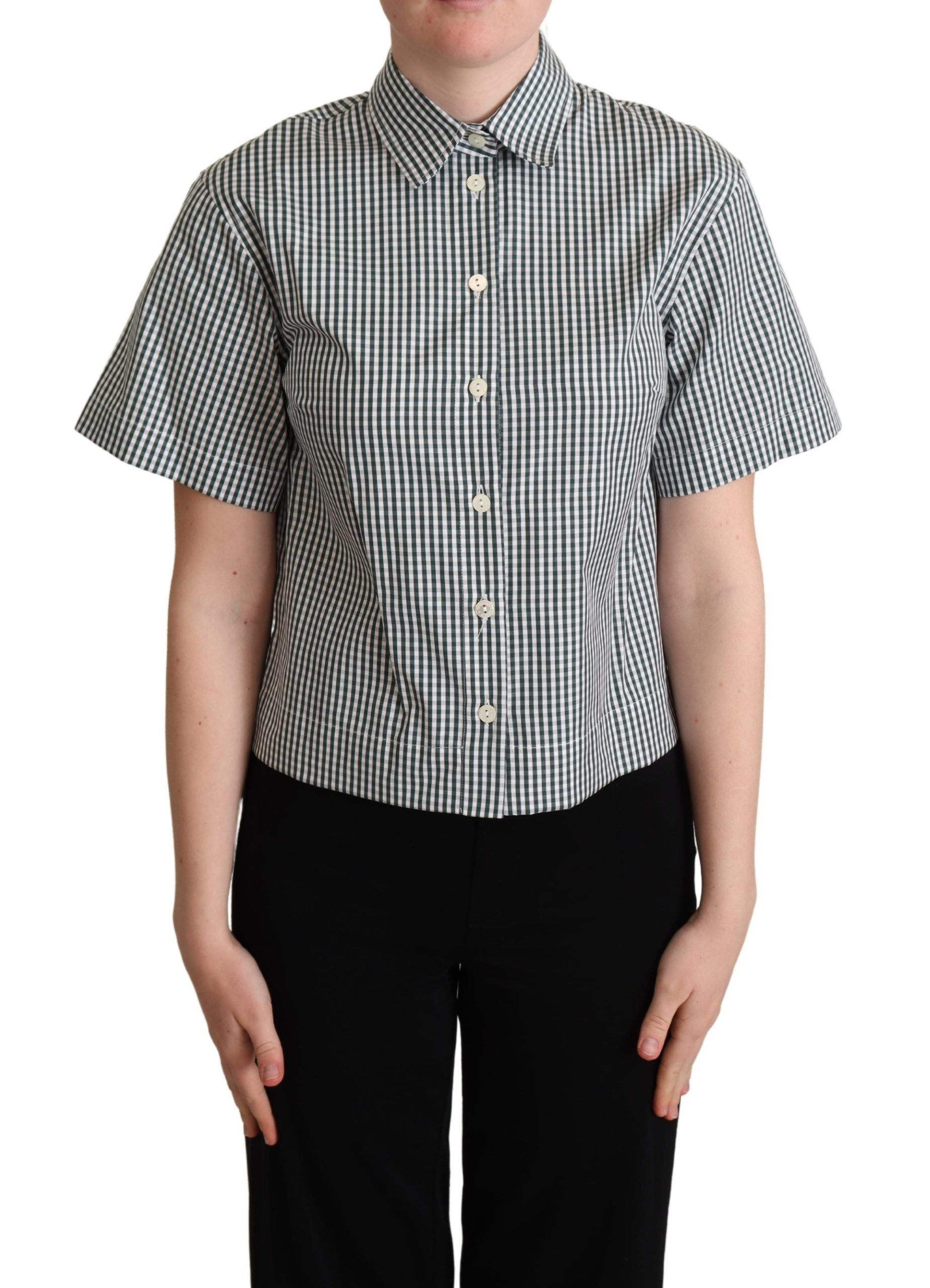 Dolce & Gabbana Weißes grünes Baumwollkarohemd Bluse Oberteil