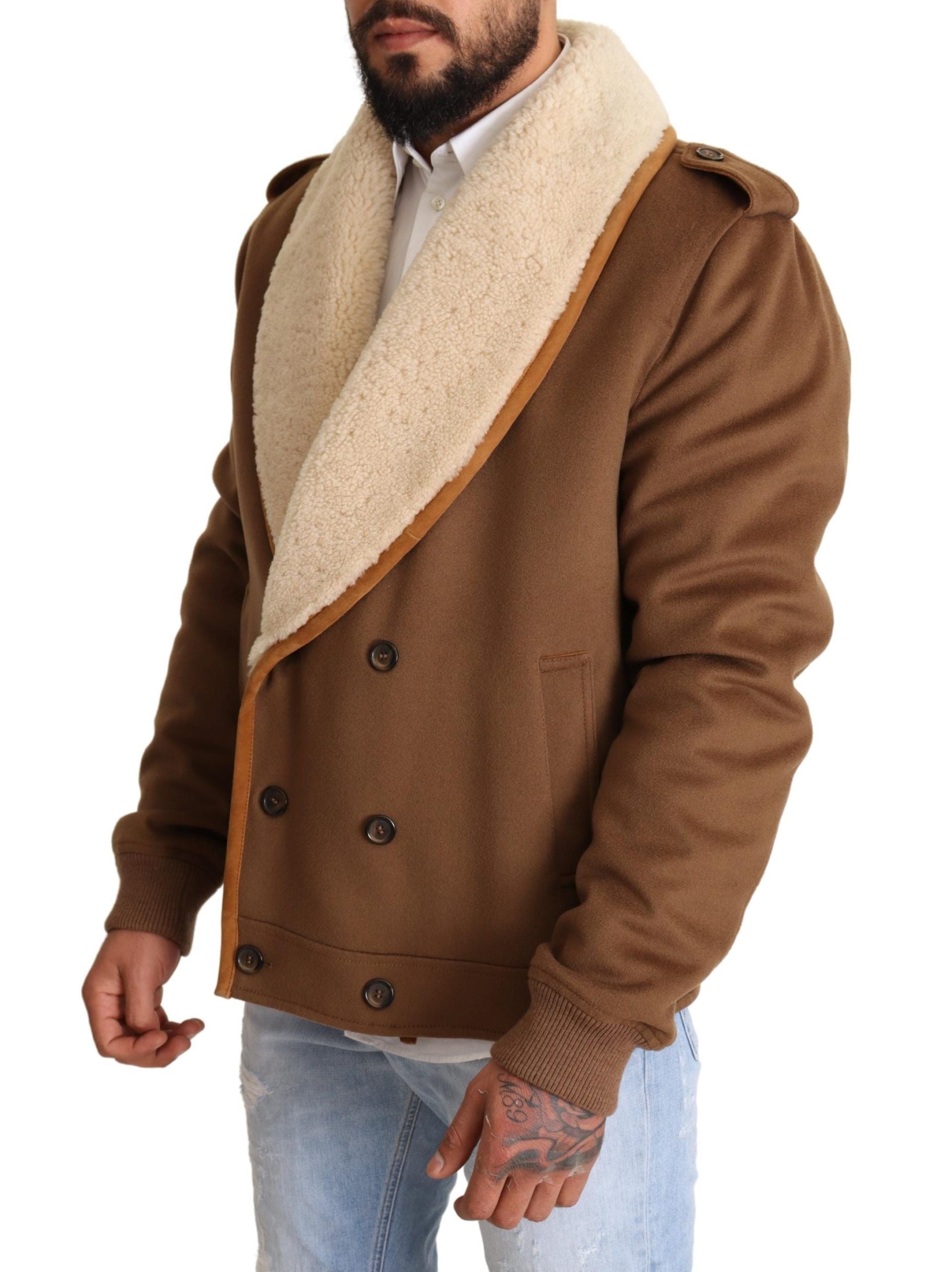 Dolce & Gabbana Brauner doppelreihiger Shearling-Mantel Jacke
