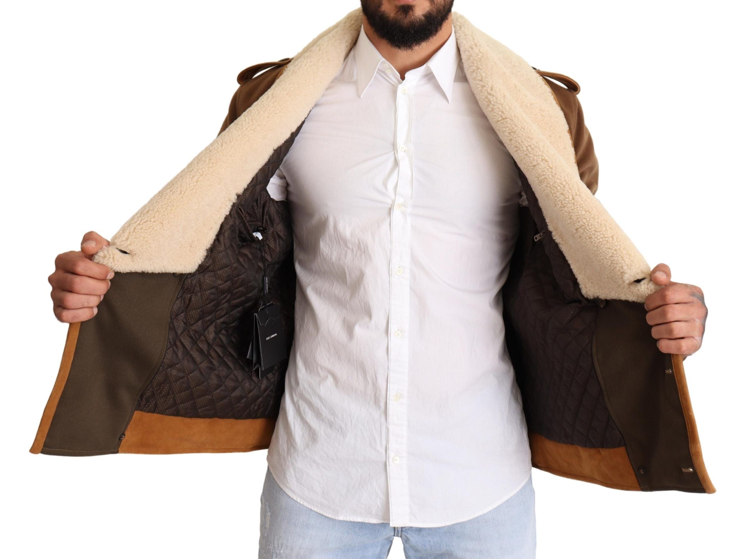 Dolce & Gabbana Brauner doppelreihiger Shearling-Mantel Jacke