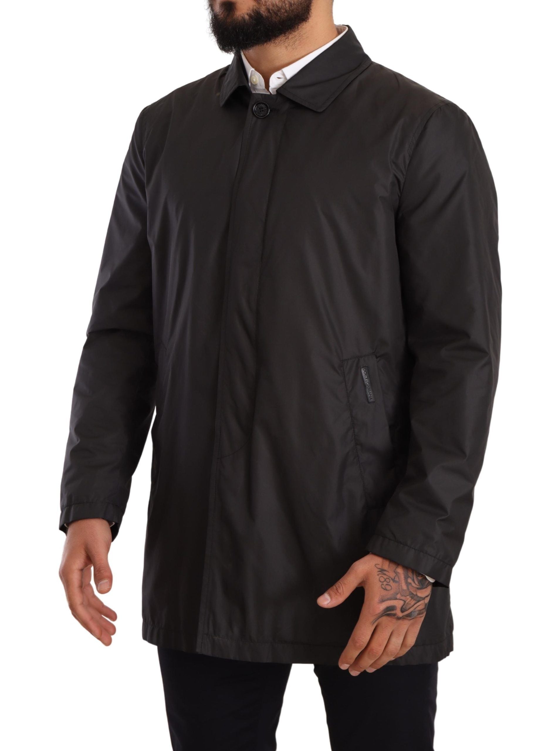 Dolce & Gabbana Schwarzer Polyester Herren Trenchcoat Jacke