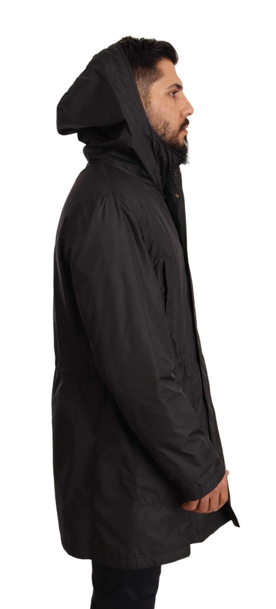 Dolce & Gabbana Schwarzer Kapuzenmantel Herren Trenchcoat Jacke
