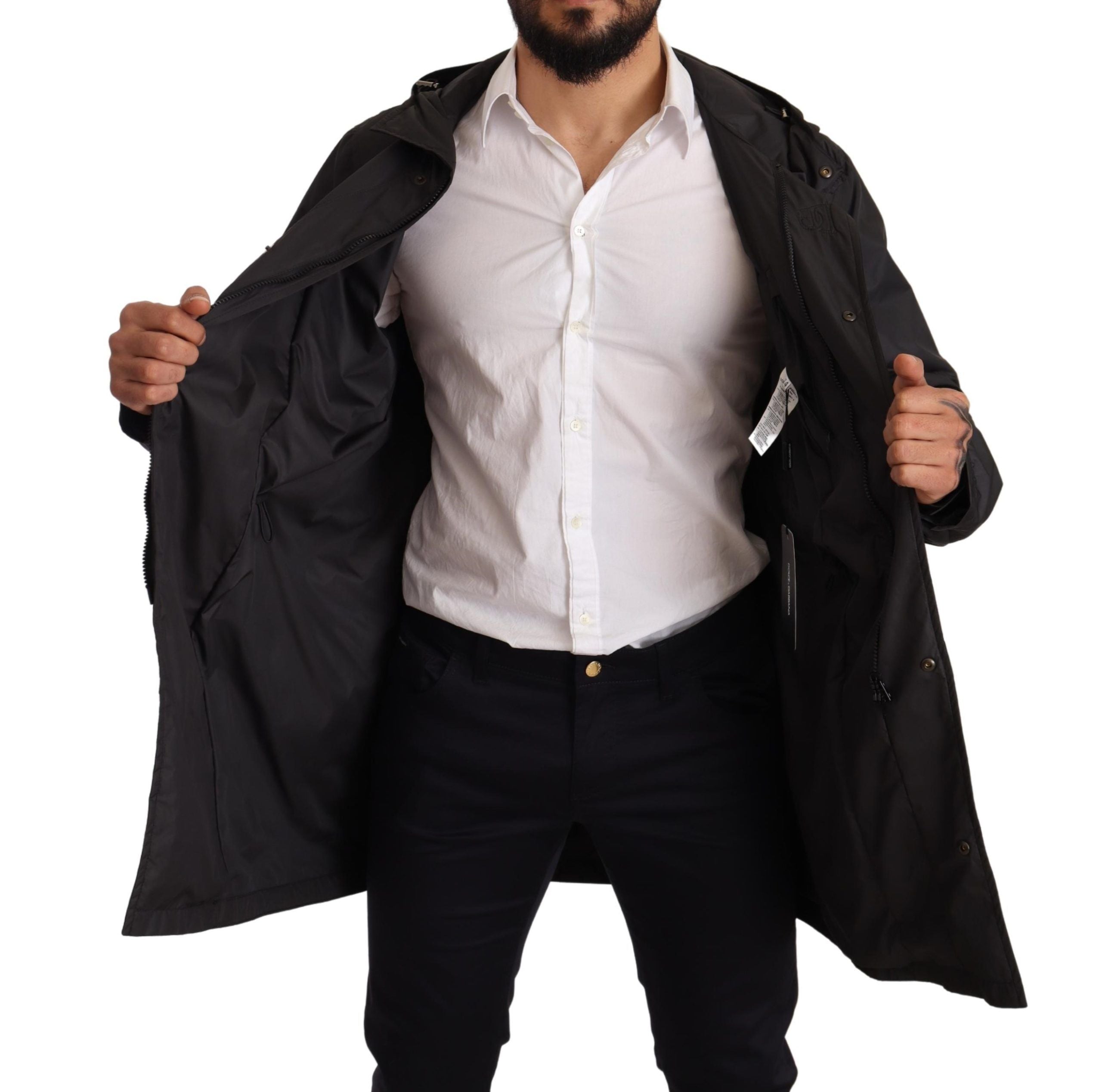 Dolce & Gabbana Schwarzer Kapuzenmantel Herren Trenchcoat Jacke