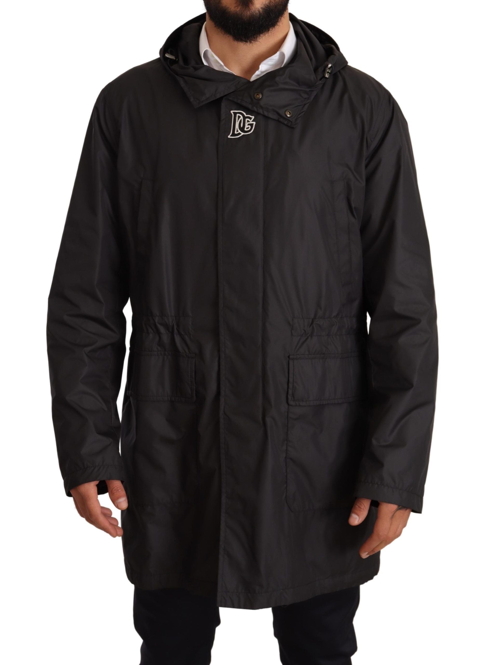 Dolce & Gabbana Schwarzer Kapuzenmantel Herren Trenchcoat Jacke