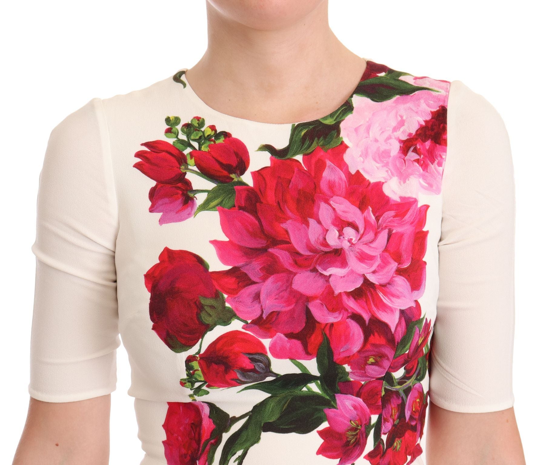 Dolce & Gabbana Weißes Midikleid aus Crêpe mit Blumenmuster und Schlitz
