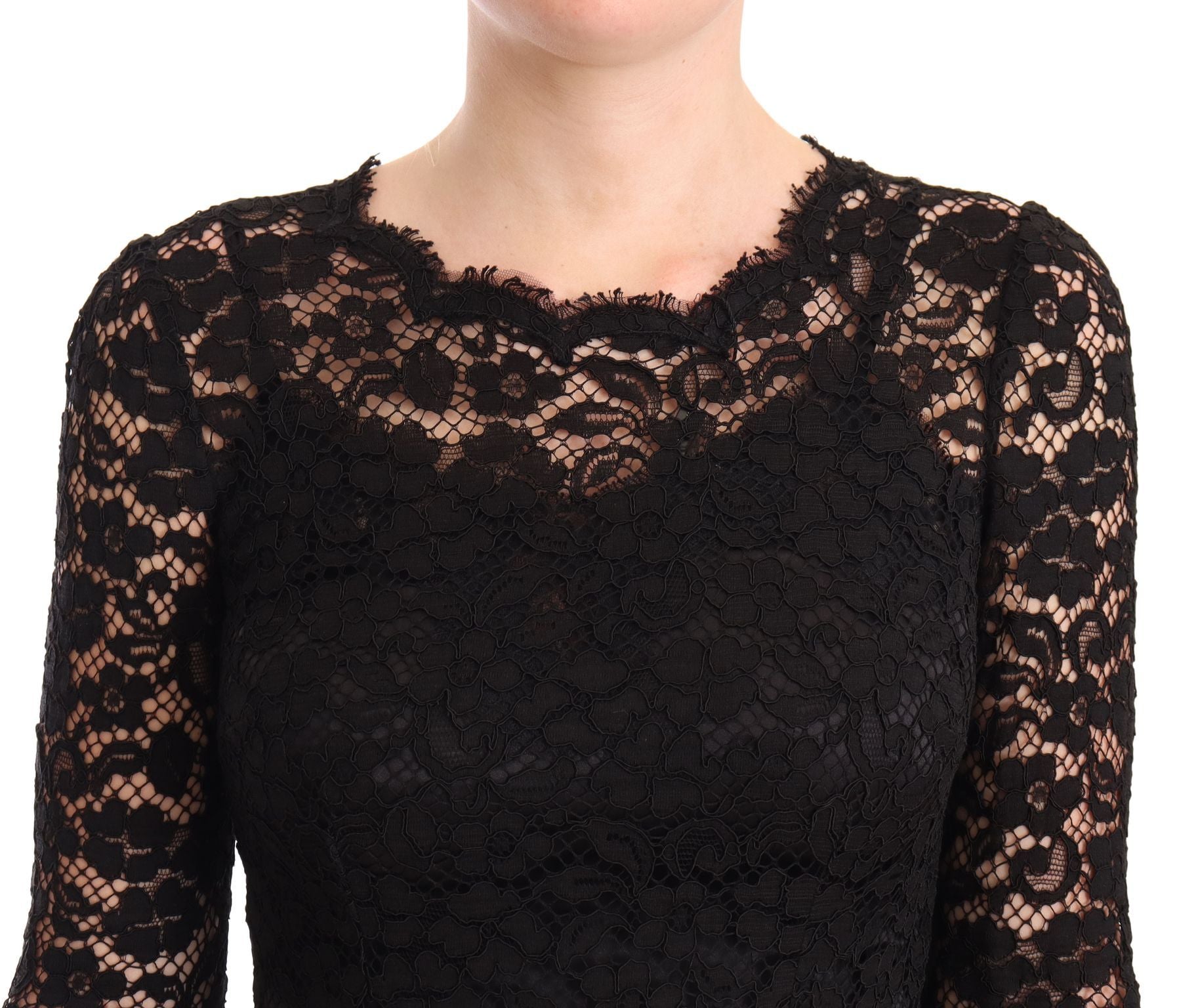 Dolce & Gabbana Schwarzes Baumwollspitzenkleid mit langen Ärmeln und Meerjungfrau