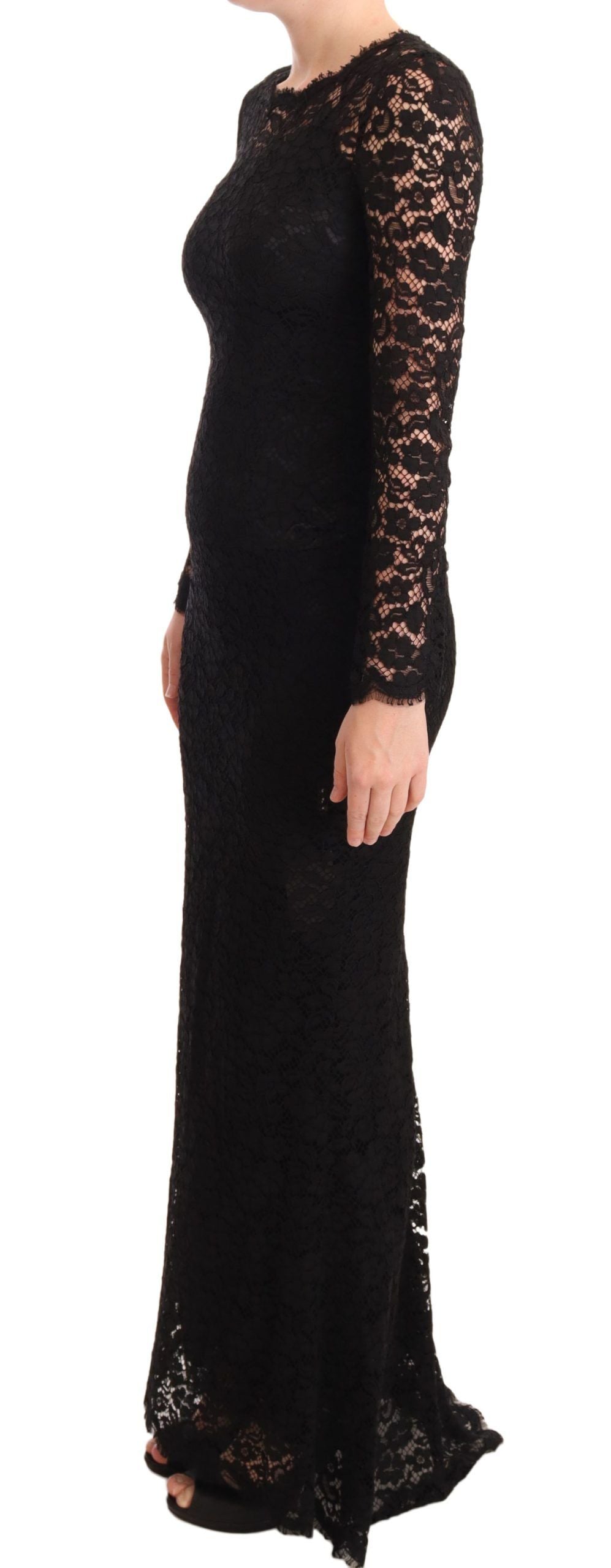Dolce & Gabbana Schwarzes Baumwollspitzenkleid mit langen Ärmeln und Meerjungfrau