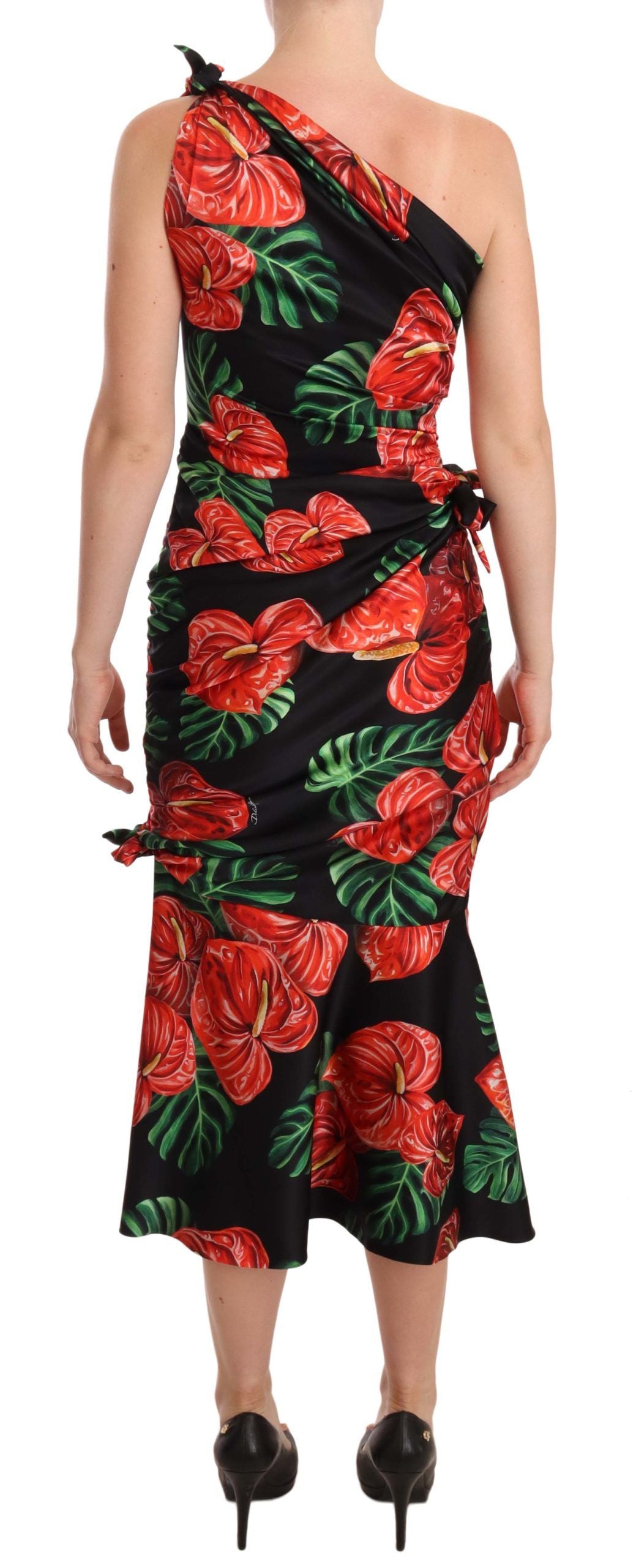 Dolce & Gabbana Schwarzes, glänzendes, geblümtes Seidenkleid mit Drapierung