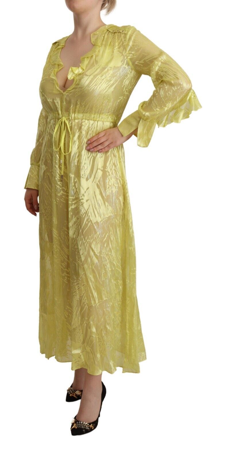 Patrizia Pepe Gelbes Seidenkleid mit langen Ärmeln und tiefem Ausschnitt