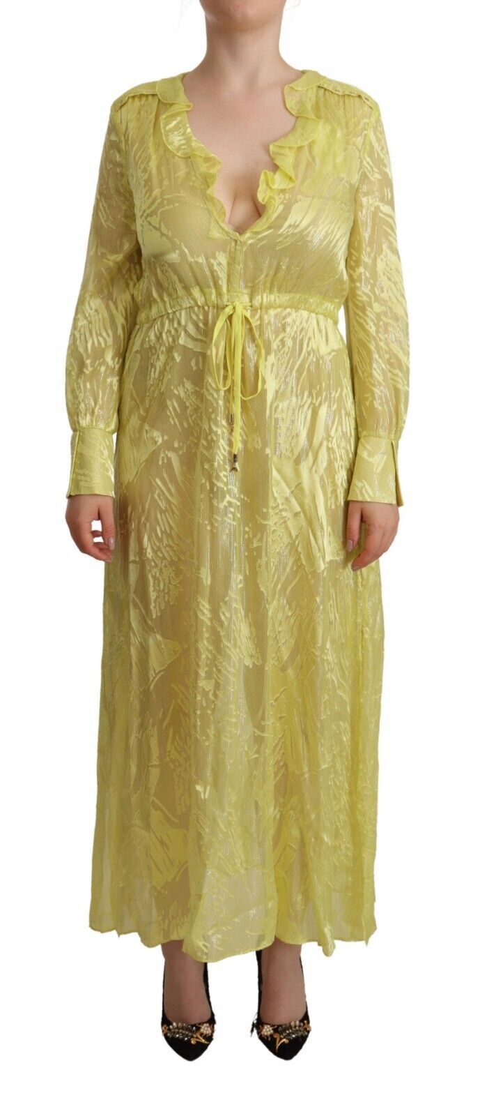 Patrizia Pepe Gelbes Seidenkleid mit langen Ärmeln und tiefem Ausschnitt