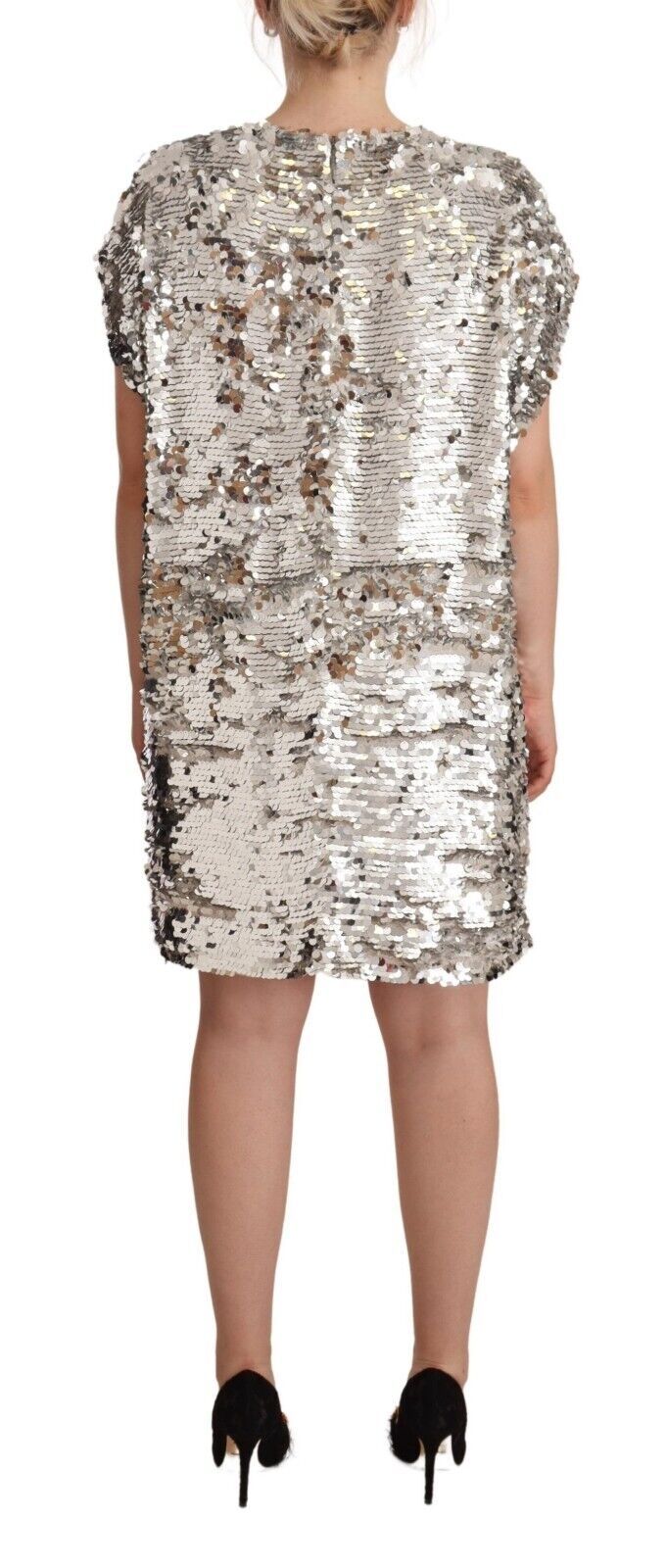 MSGM Silbernes paillettenbesetztes Polyester-Kurzarm-Shift-Minikleid
