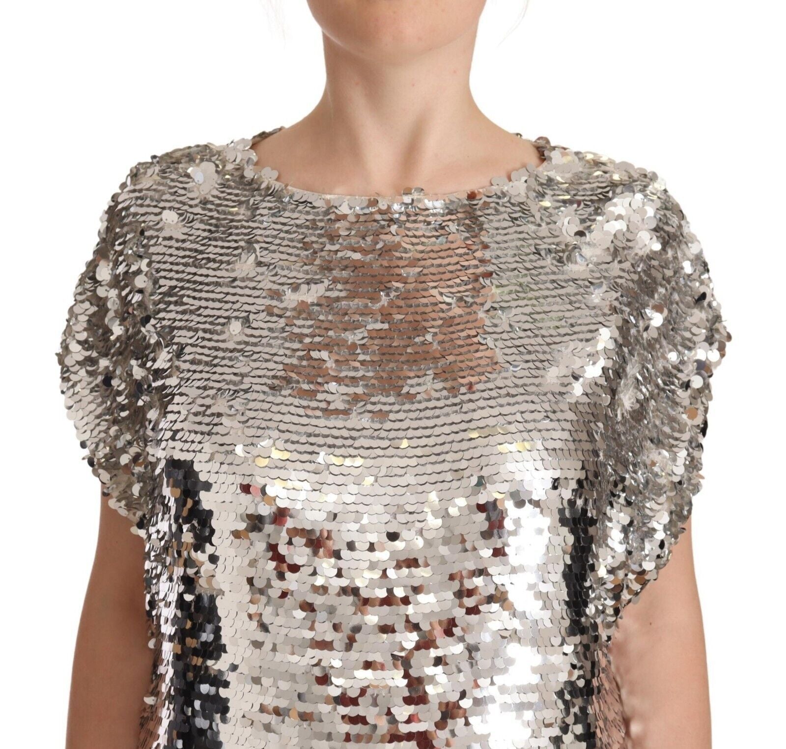 MSGM Silbernes paillettenbesetztes Polyester-Kurzarm-Shift-Minikleid