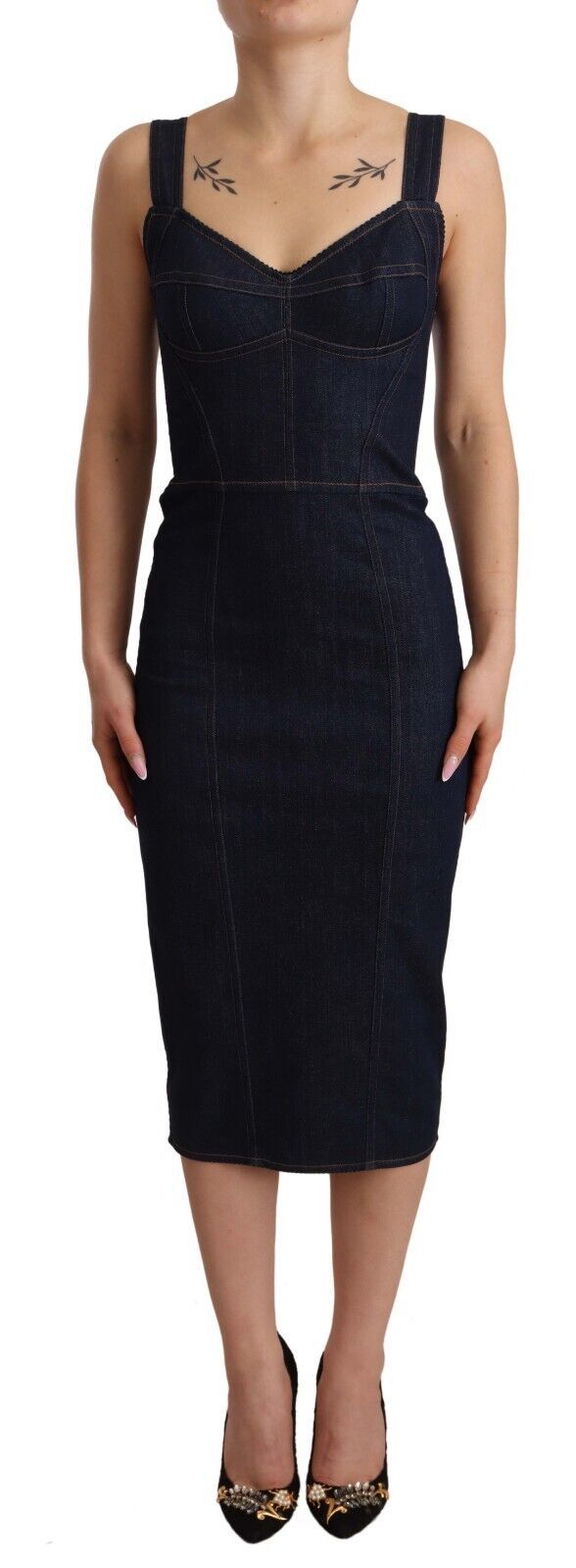 Dolce & Gabbana Dunkelblaues Etui-Midi-Kleid aus Baumwoll-Denim