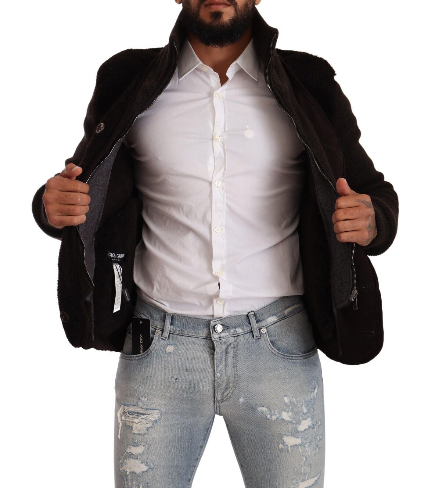 Dolce & Gabbana Schwarzes Leder Herren Turtle Neck Mantel Jacke