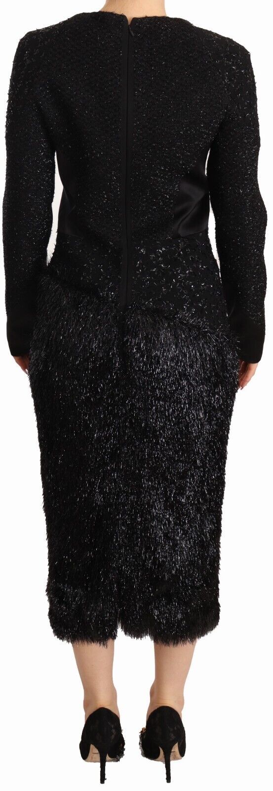 Masha Ma Schwarzes mit Nieten verziertes Midikleid mit langen Ärmeln