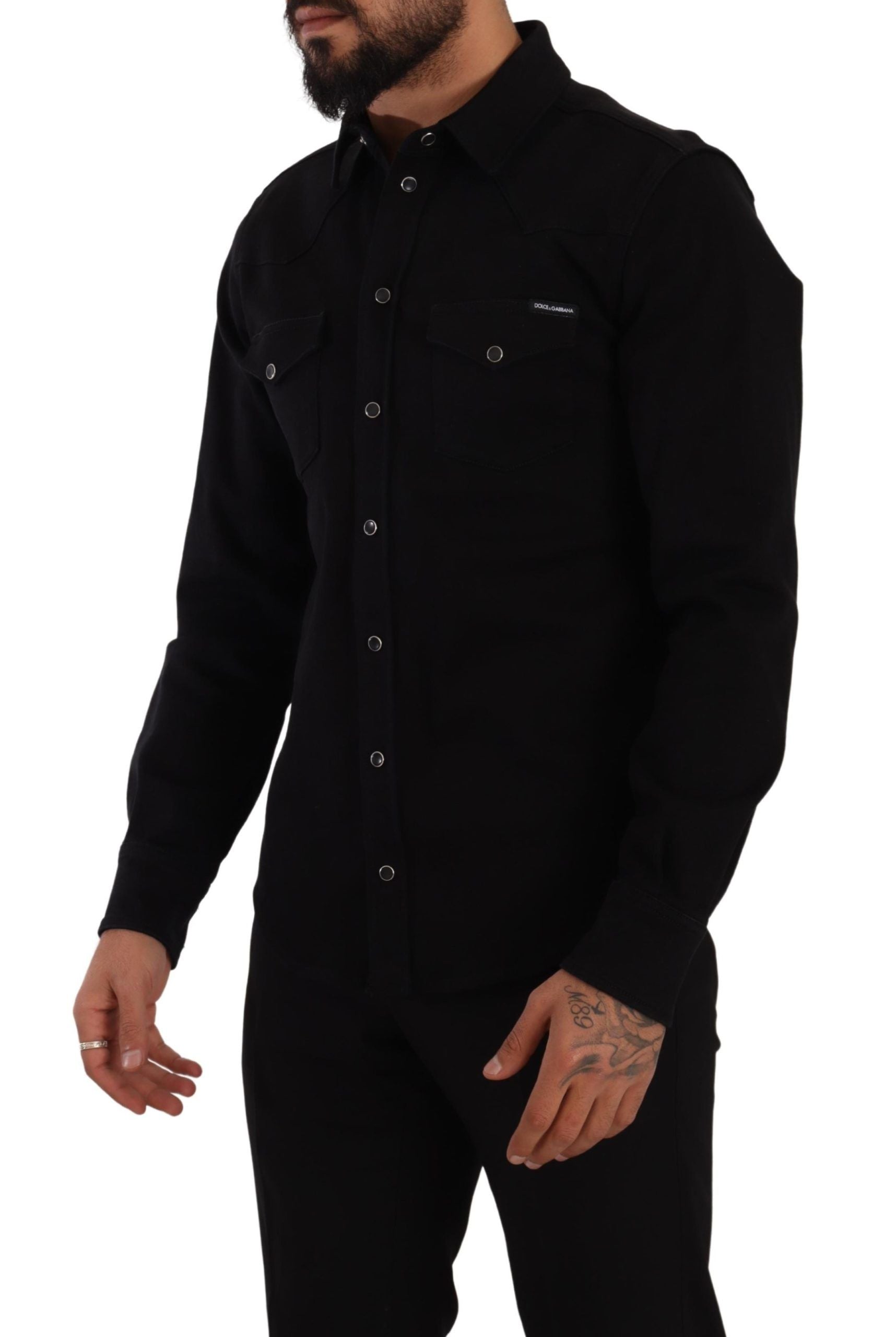 Dolce & Gabbana Schwarzes Slim Cotton Denim Stretch Hemd