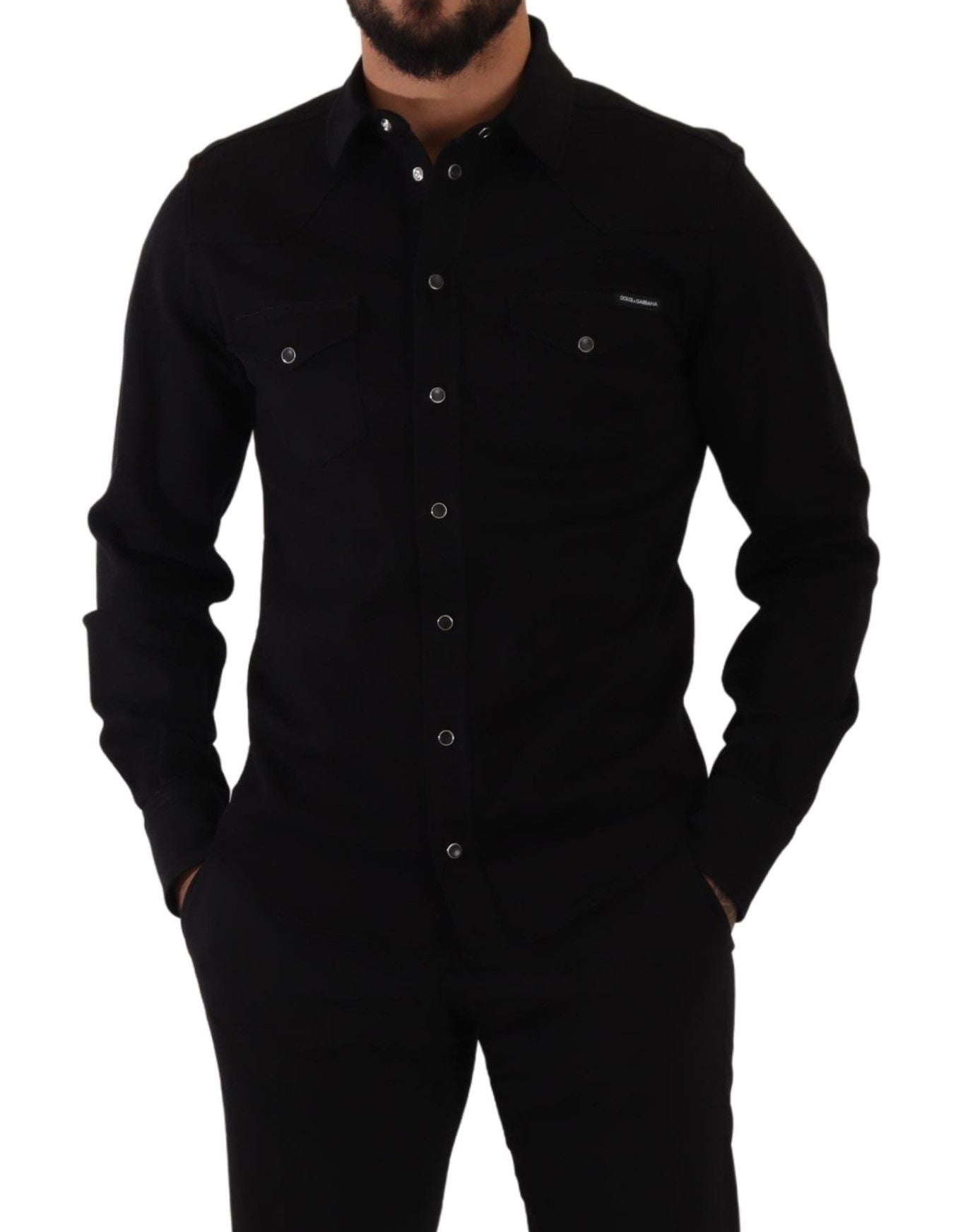 Dolce & Gabbana Schwarzes Slim Cotton Denim Stretch Hemd