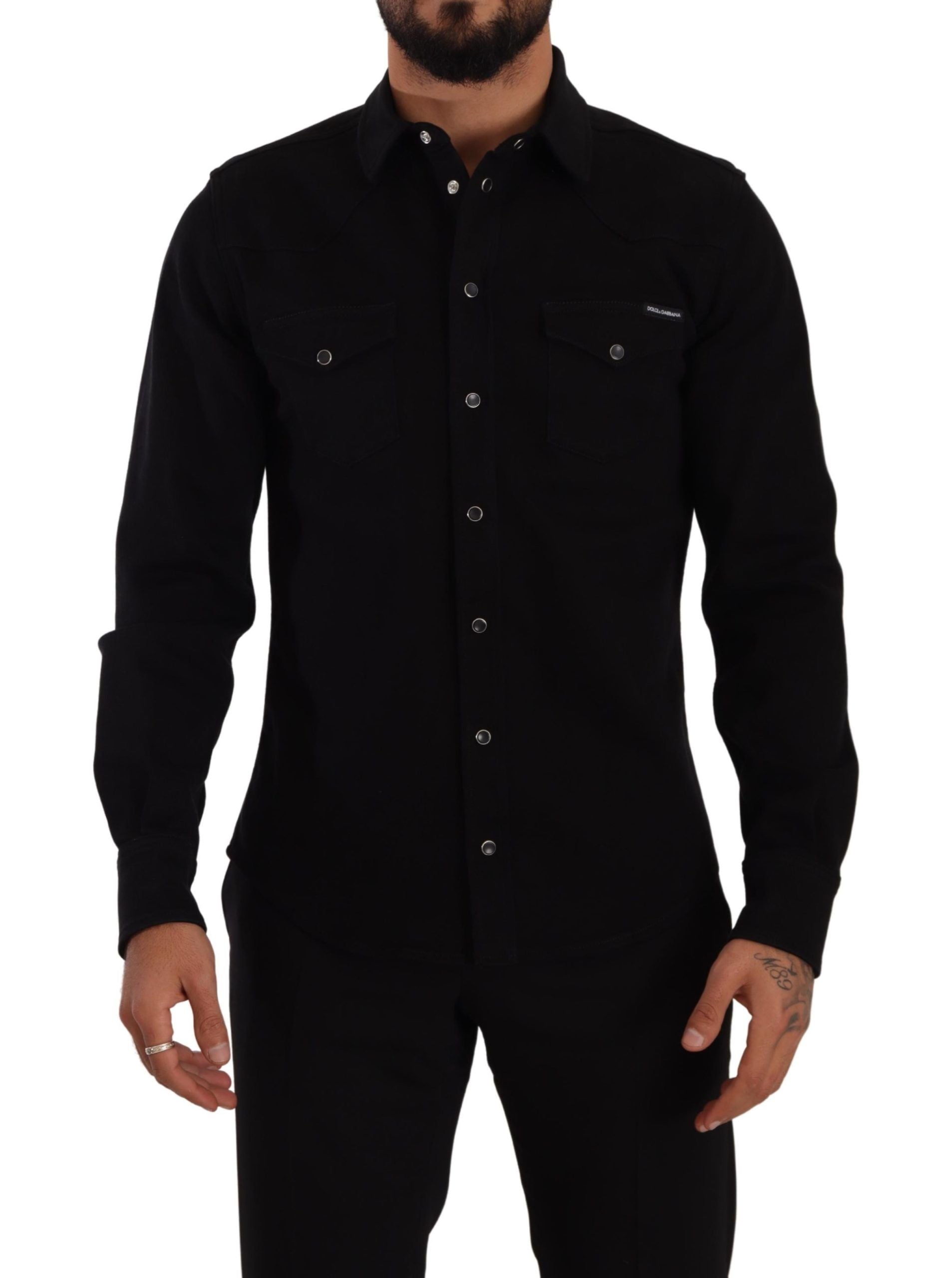 Dolce & Gabbana Schwarzes Slim Cotton Denim Stretch Hemd