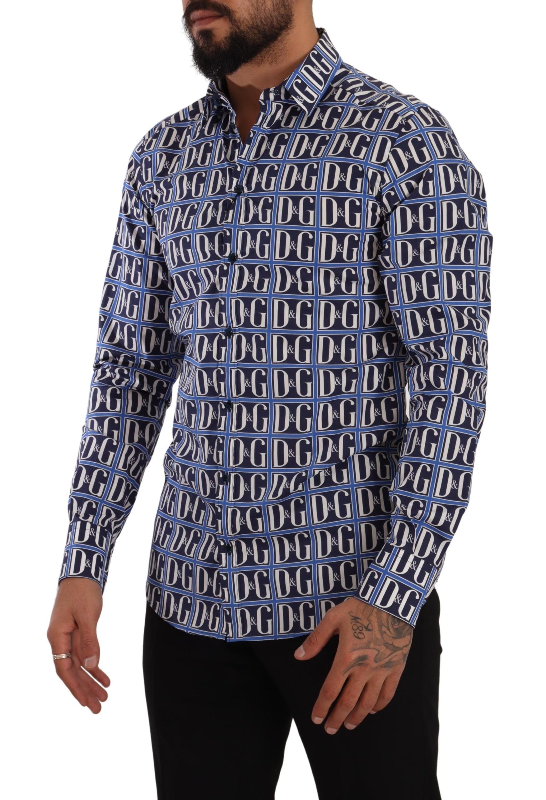 Dolce & Gabbana Blaues Logo Mania Slim Fit Baumwollhemd