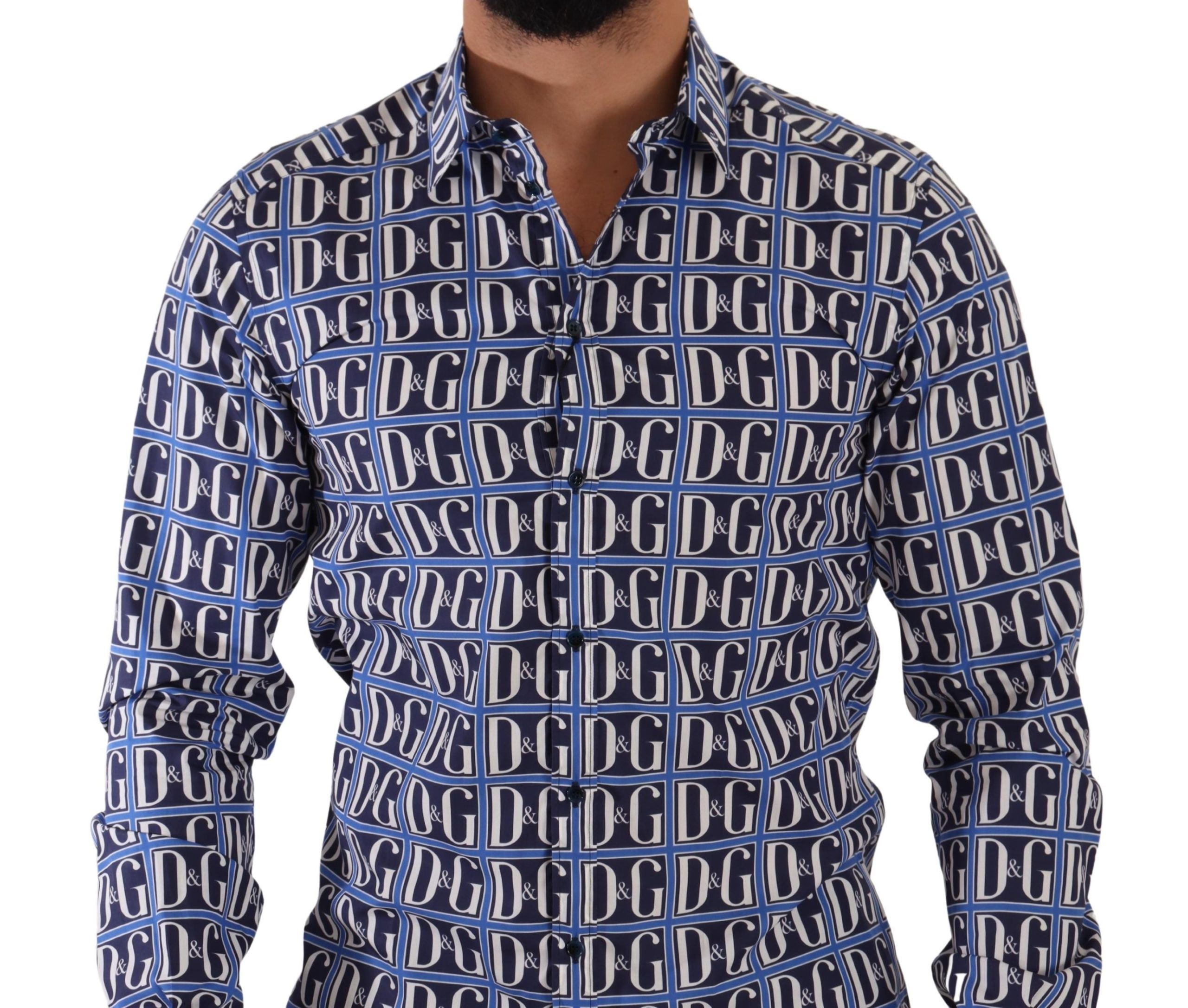 Dolce & Gabbana Blaues Logo Mania Slim Fit Baumwollhemd