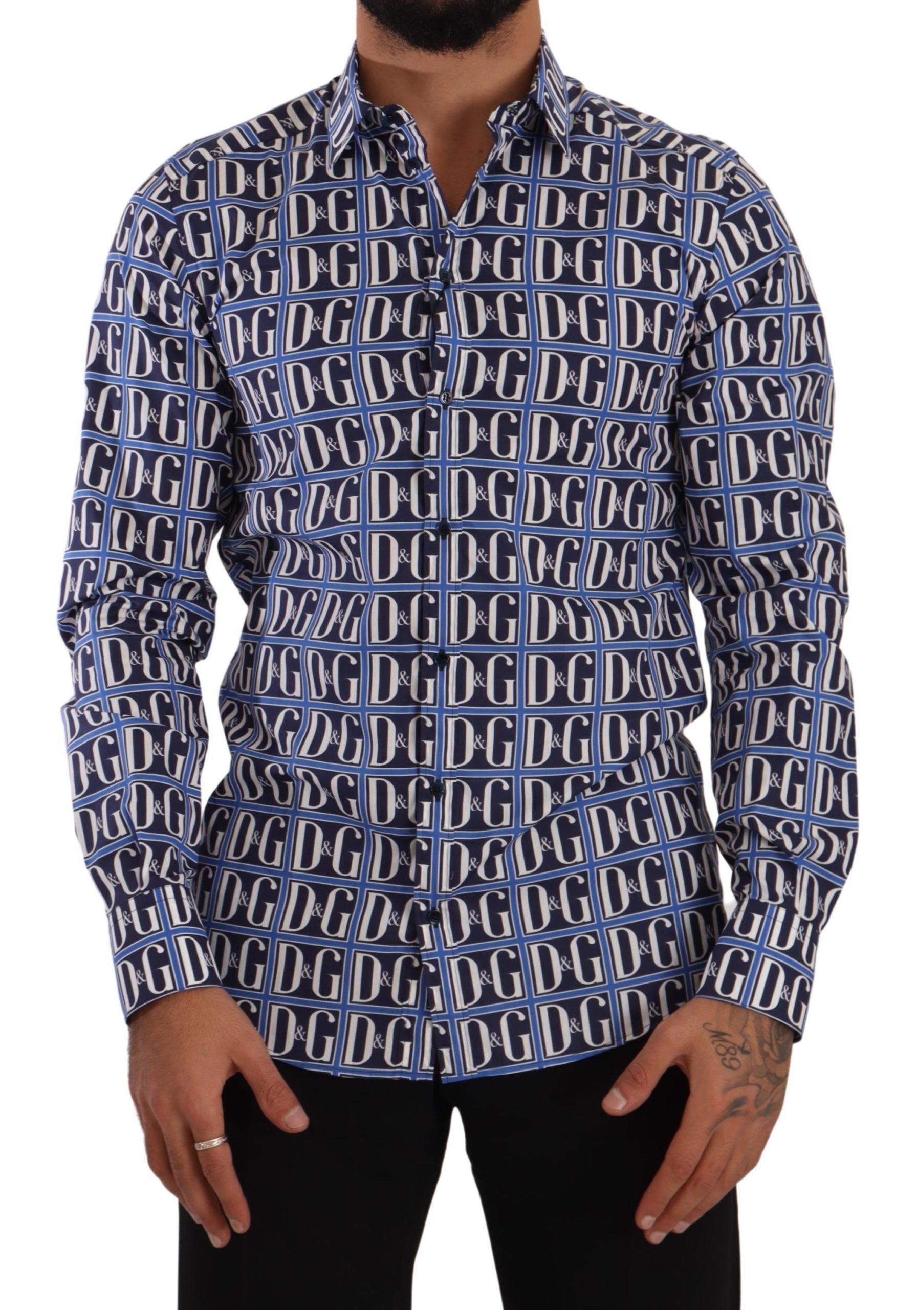 Dolce & Gabbana Blaues Logo Mania Slim Fit Baumwollhemd