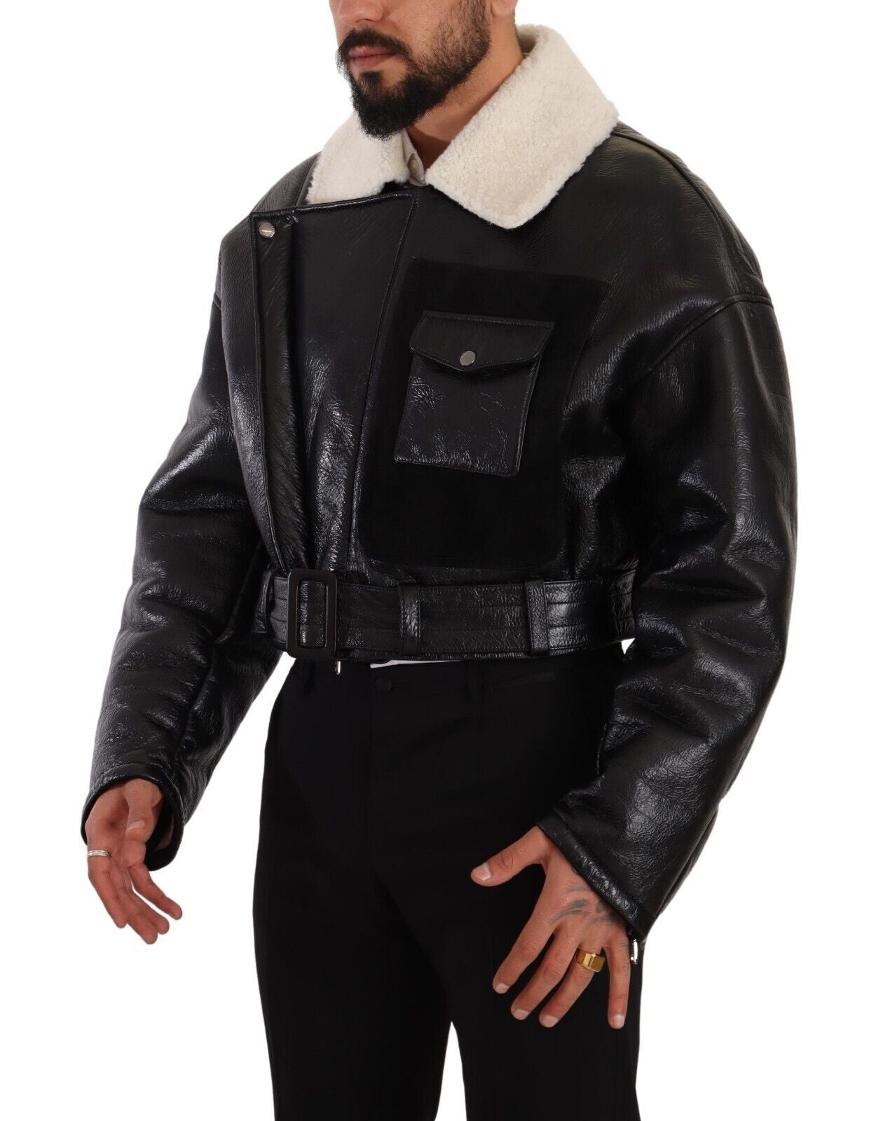 Dolce & Gabbana Schwarzer Leder Shearling Bikermantel Jacke