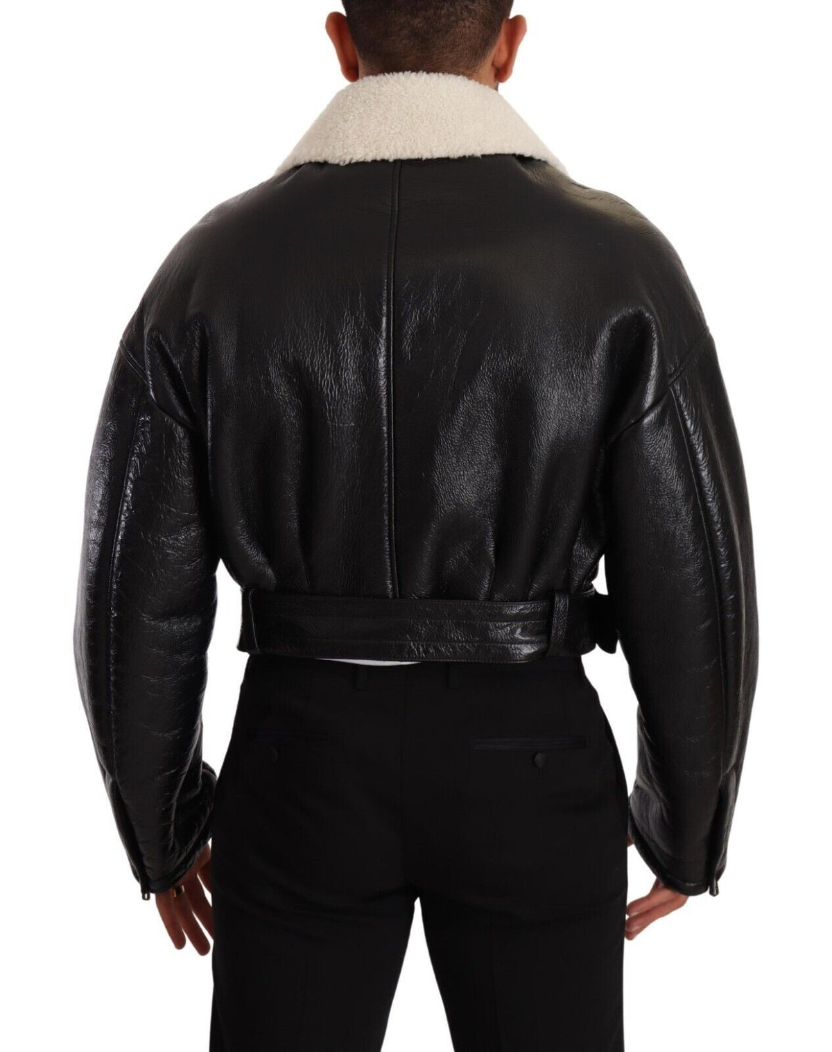 Dolce & Gabbana Schwarzer Leder Shearling Bikermantel Jacke