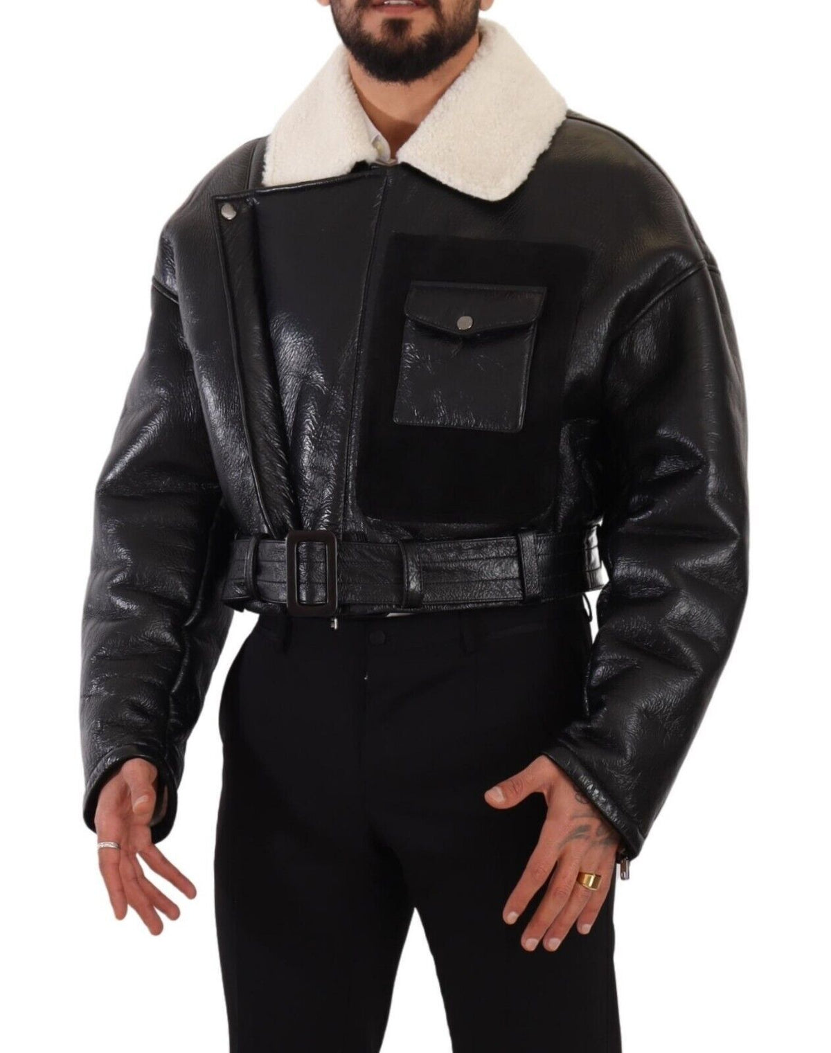 Dolce & Gabbana Schwarzer Leder Shearling Bikermantel Jacke