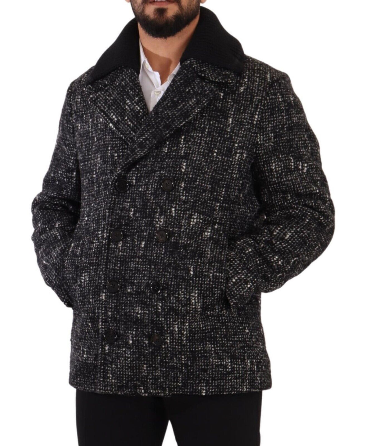 Dolce & Gabbana Schwarzer Wollmantel Zweireiher Herrenjacke