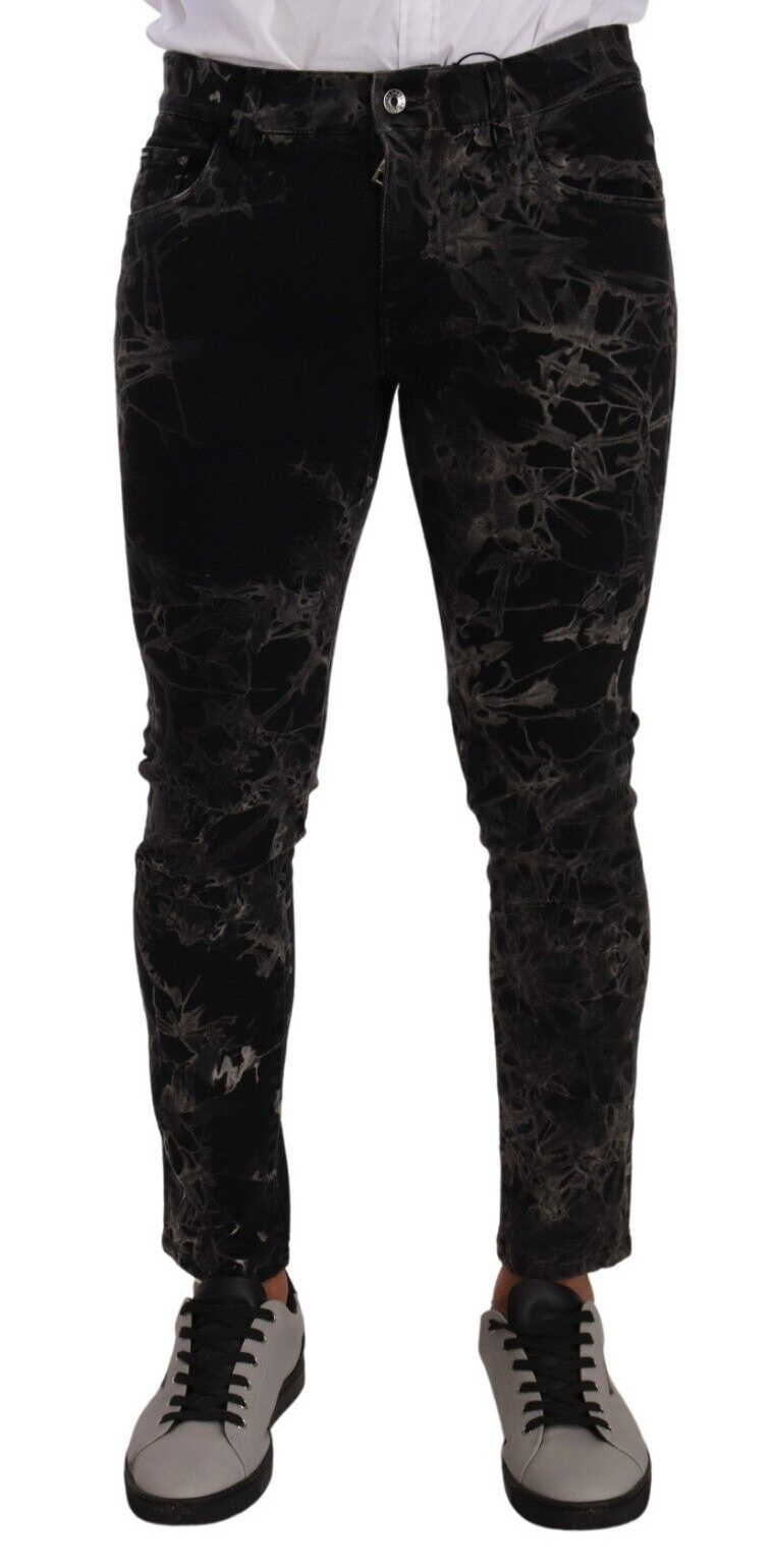Dolce & Gabbana Schwarz gemusterte Skinny Slim Fit Jeans