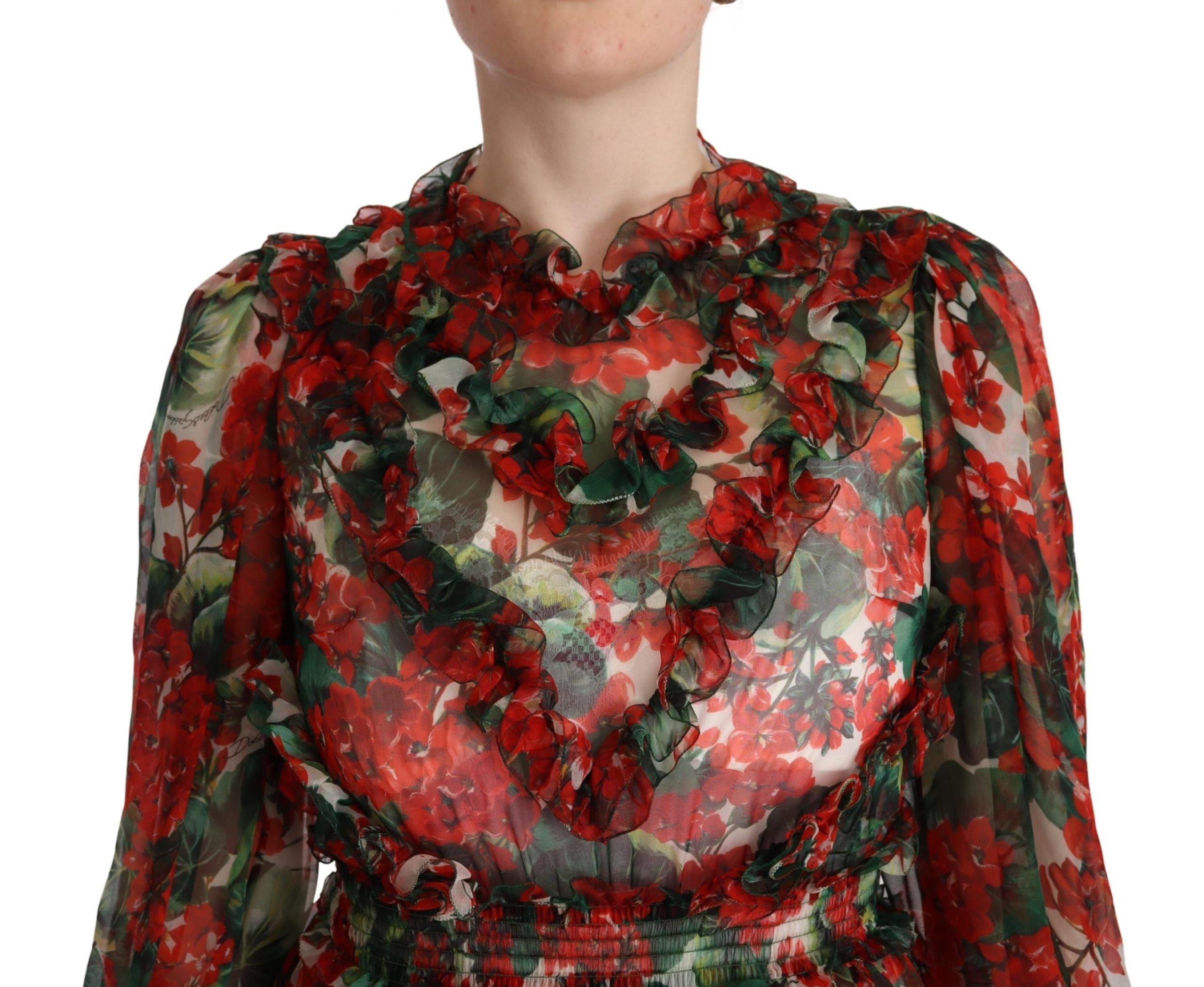 Dolce & Gabbana Multicolor Rotes Florales Langes Seidenkleid