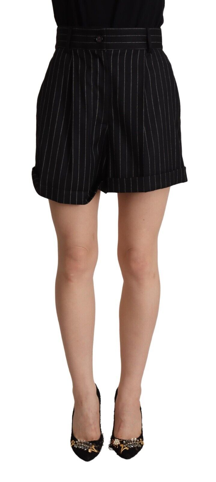 Dolce & Gabbana Schwarz gestreifte Bermudashorts mit hoher Taille aus Wolle
