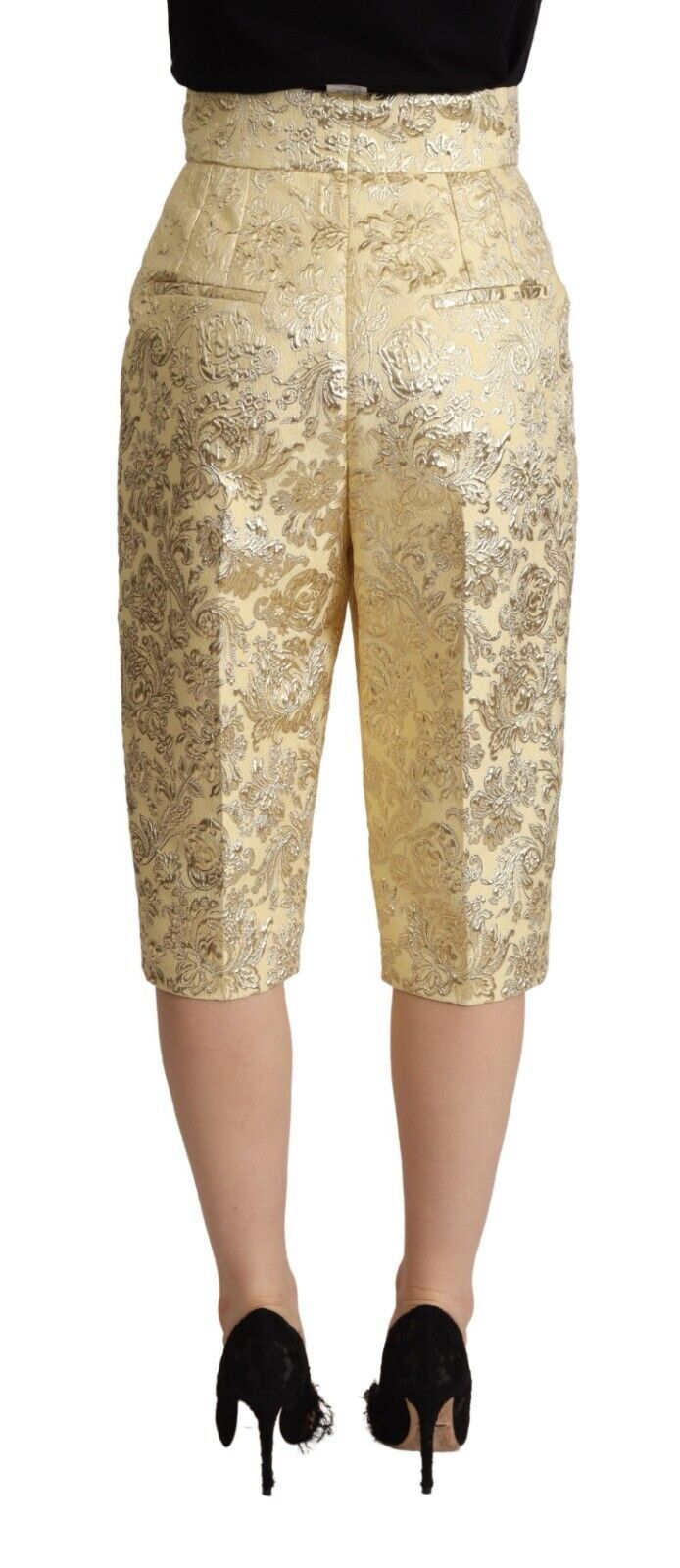 Dolce & Gabbana Beige Floral Brokat Hose mit hoher Taille Gekürzte Hose